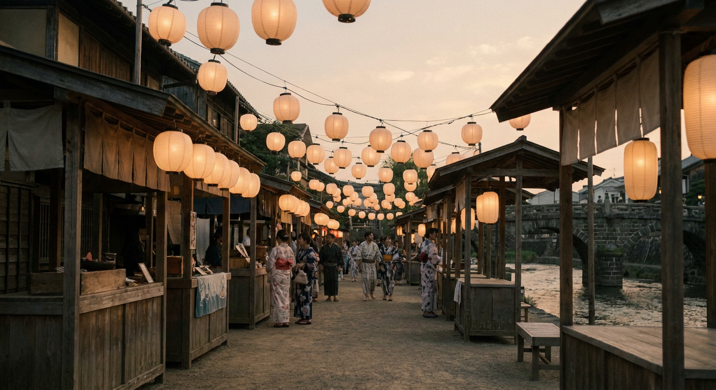 夜の夏祭りで提灯と屋台がにぎわう風景