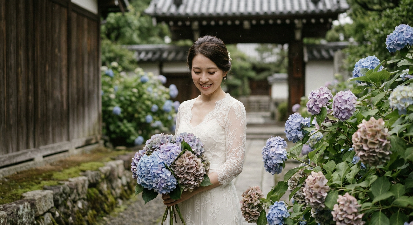 6月の結婚式・あじさいと花嫁のイメージ（写真風・落ち着いたトーン）