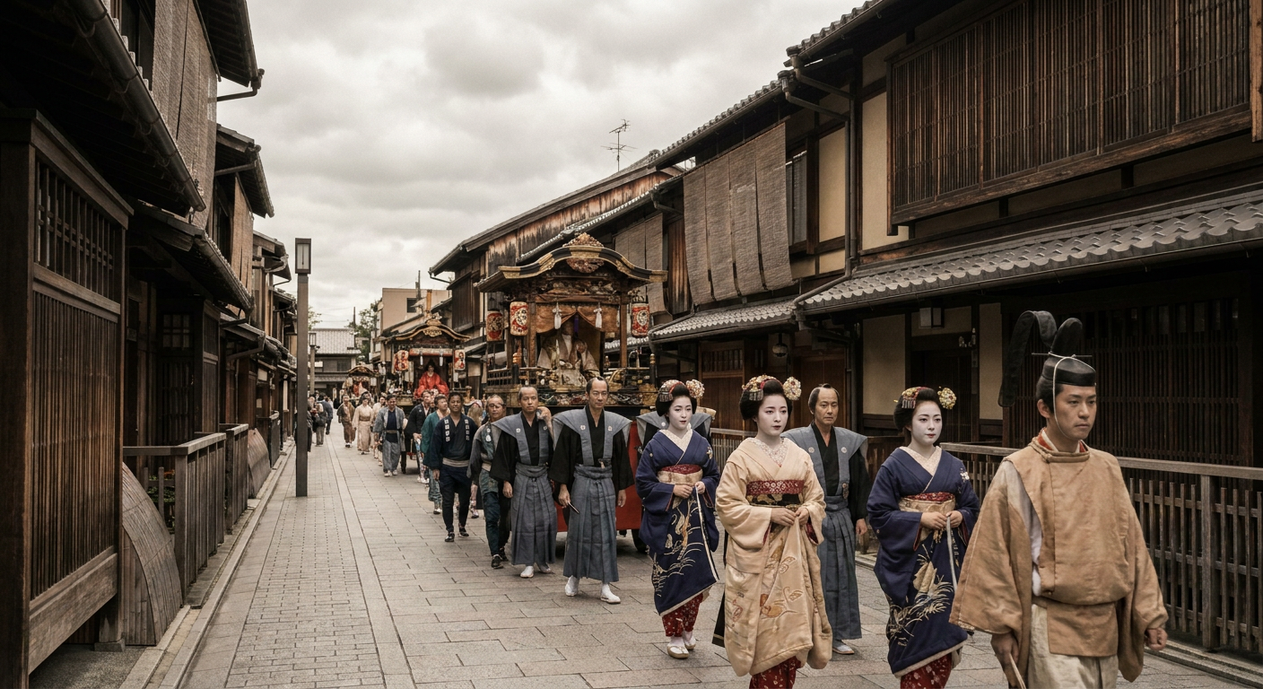 京都の街並みと祭りの華やかな行列のイメージ