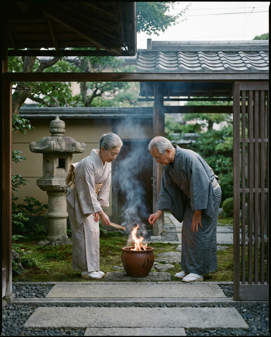 夏の夕方、玄関先で迎え火を焚く穏やかな情景（写真風・落ち着いたトーン）
