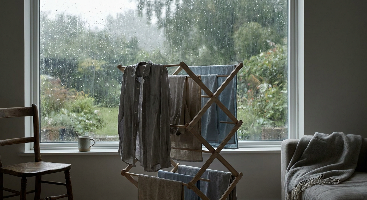 雨の窓辺と部屋干しの洗濯物のイメージ写真