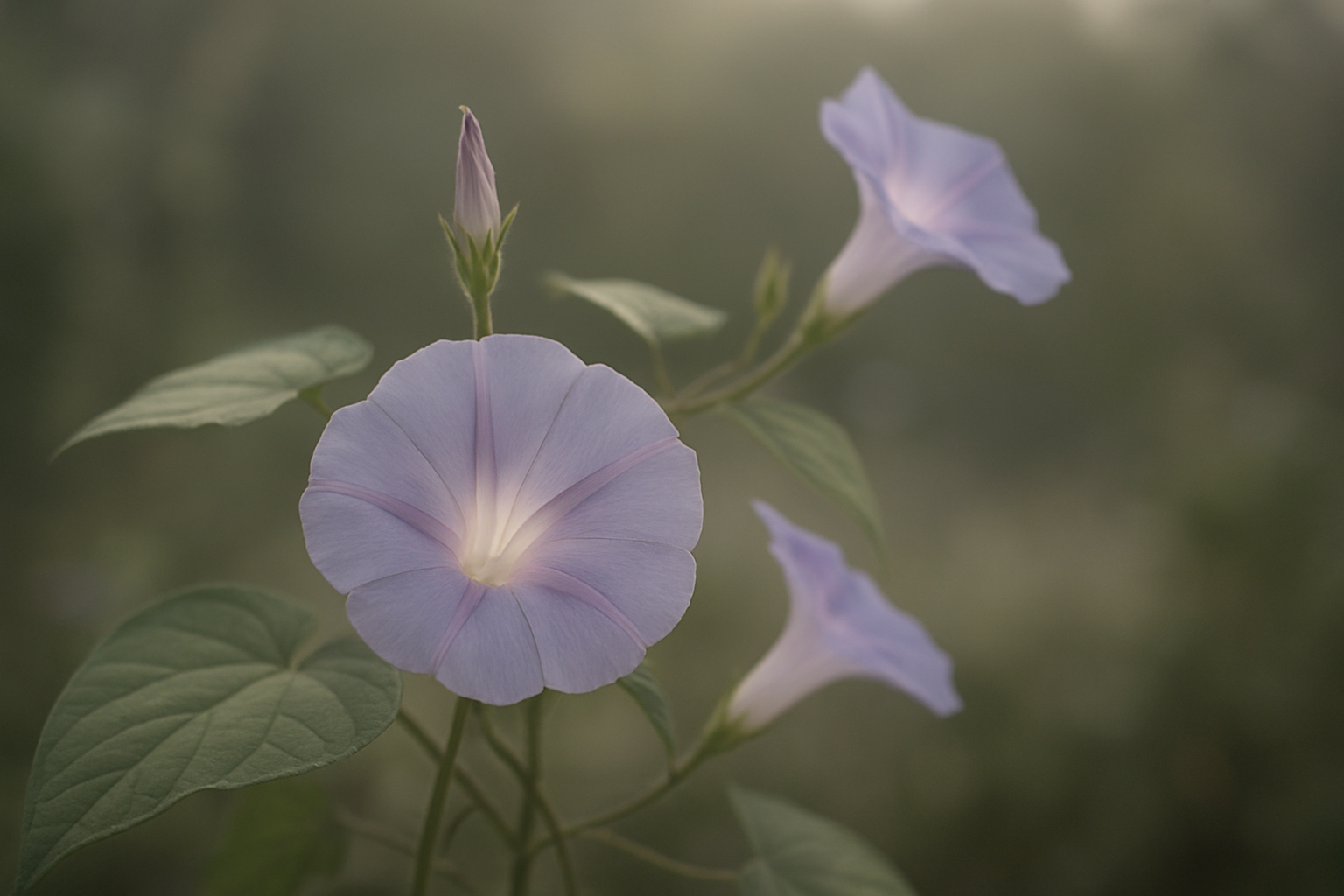 朝顔が咲いている夏の朝の写真
