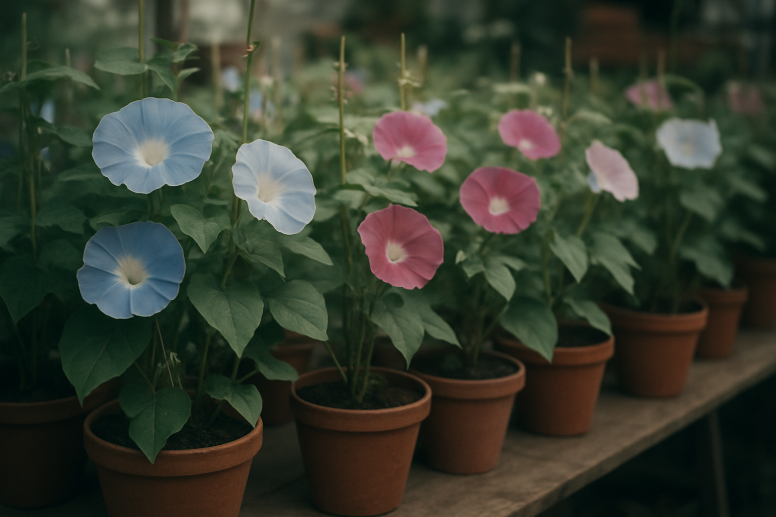 朝顔市に並ぶ鉢植えの朝顔の写真