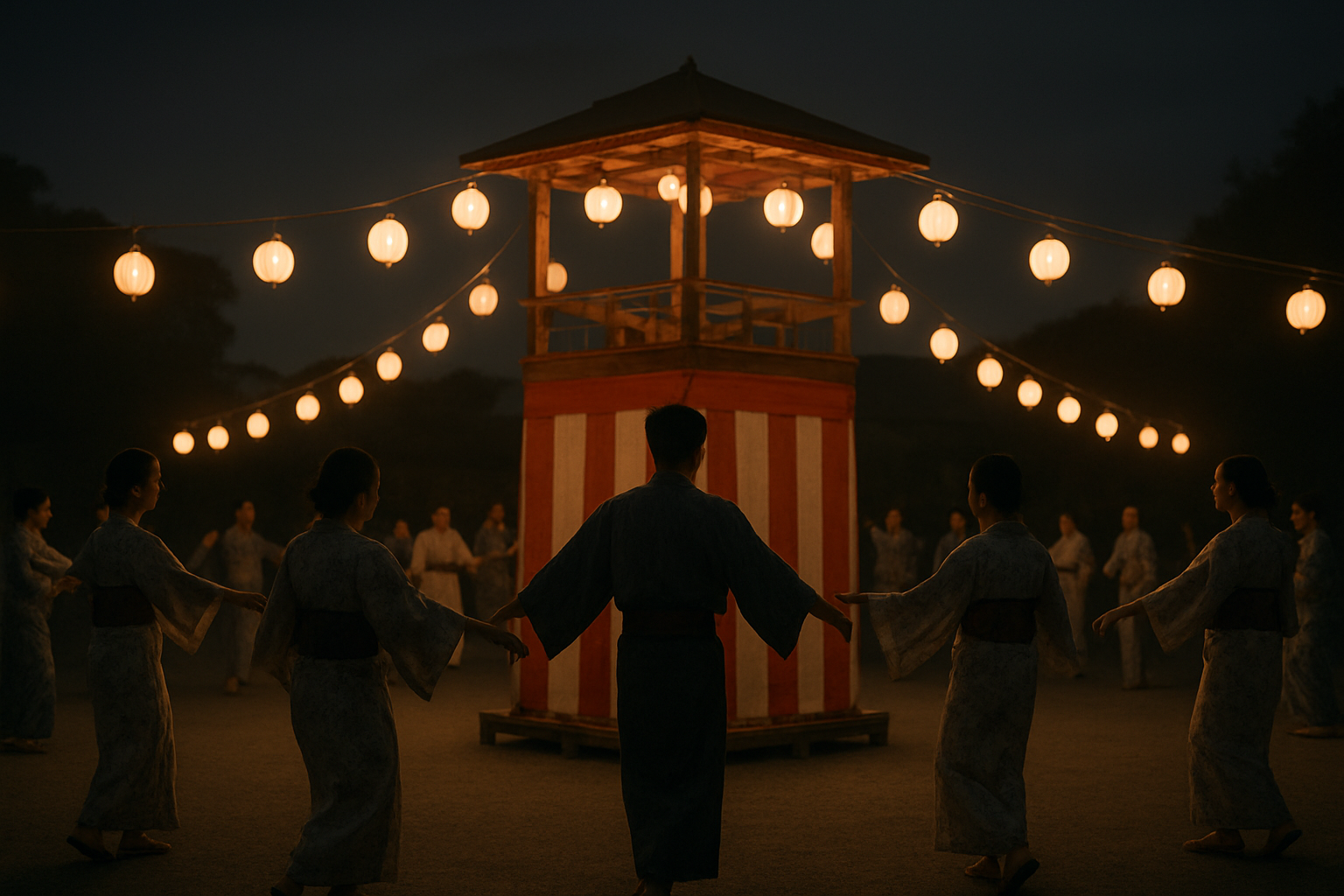 夜のやぐらを囲んで輪になって踊る盆踊りの風景