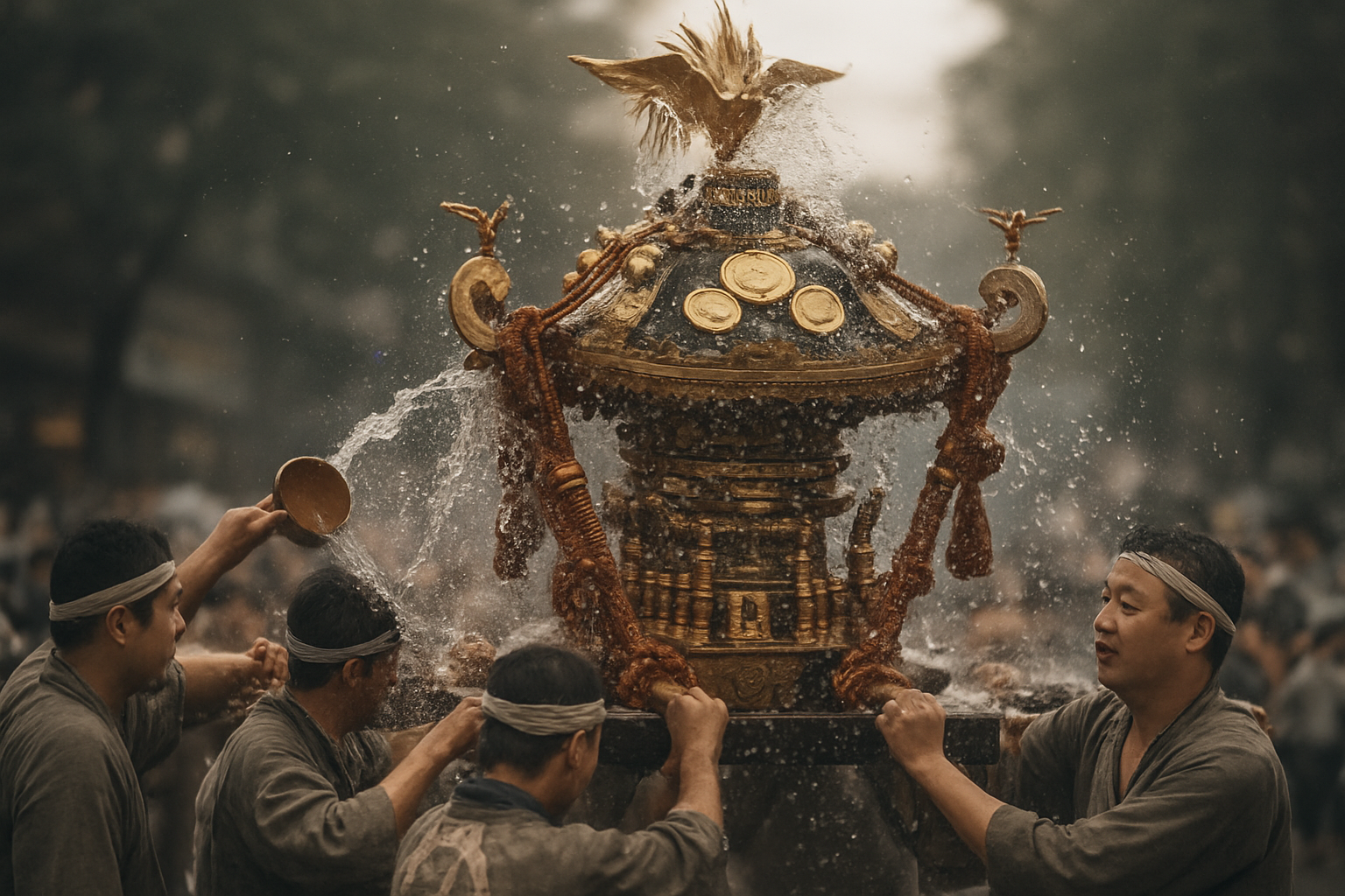 神輿に清めの水が浴びせられる祭りの熱気あるイメージ