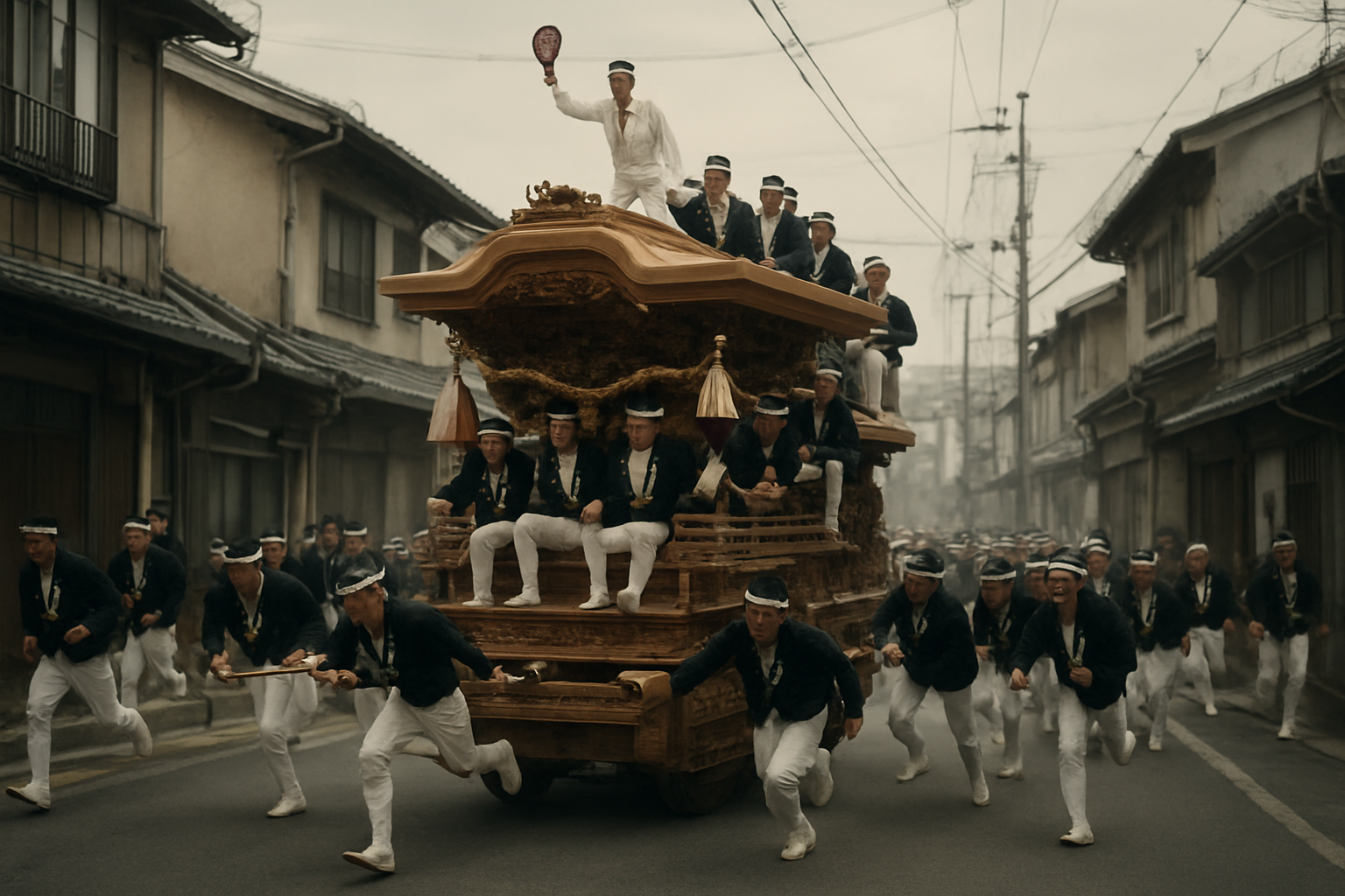 街を疾走する岸和田だんじりの迫力ある写真
