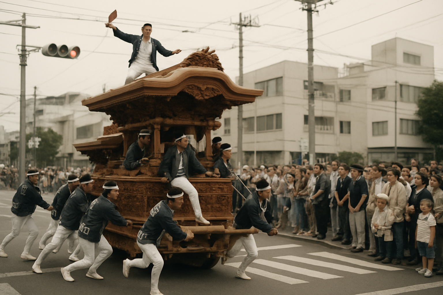 交差点でやりまわしをするだんじりと沿道の観客