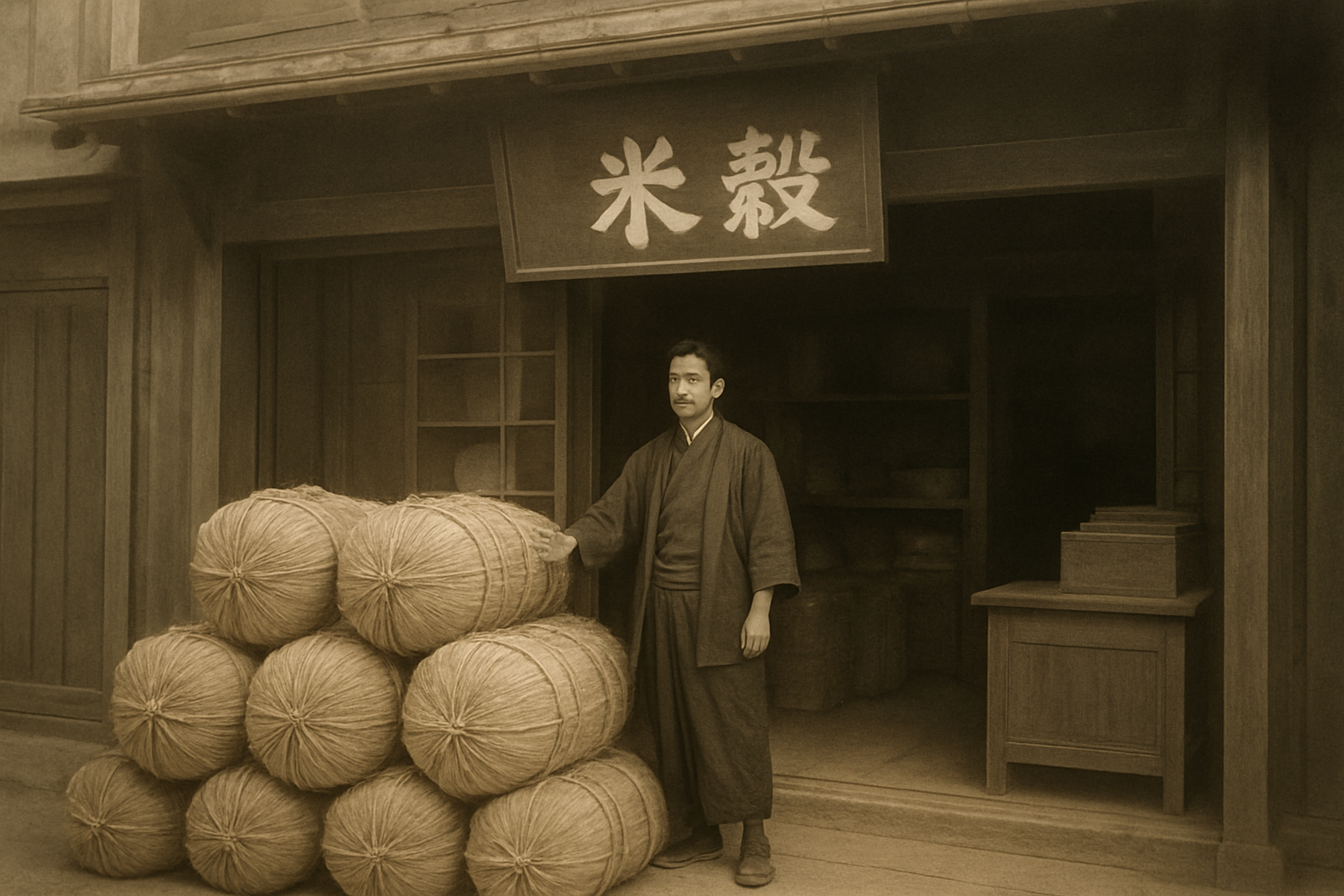 大正時代の米俵や米屋の様子をイメージさせる古い写真風のイラスト