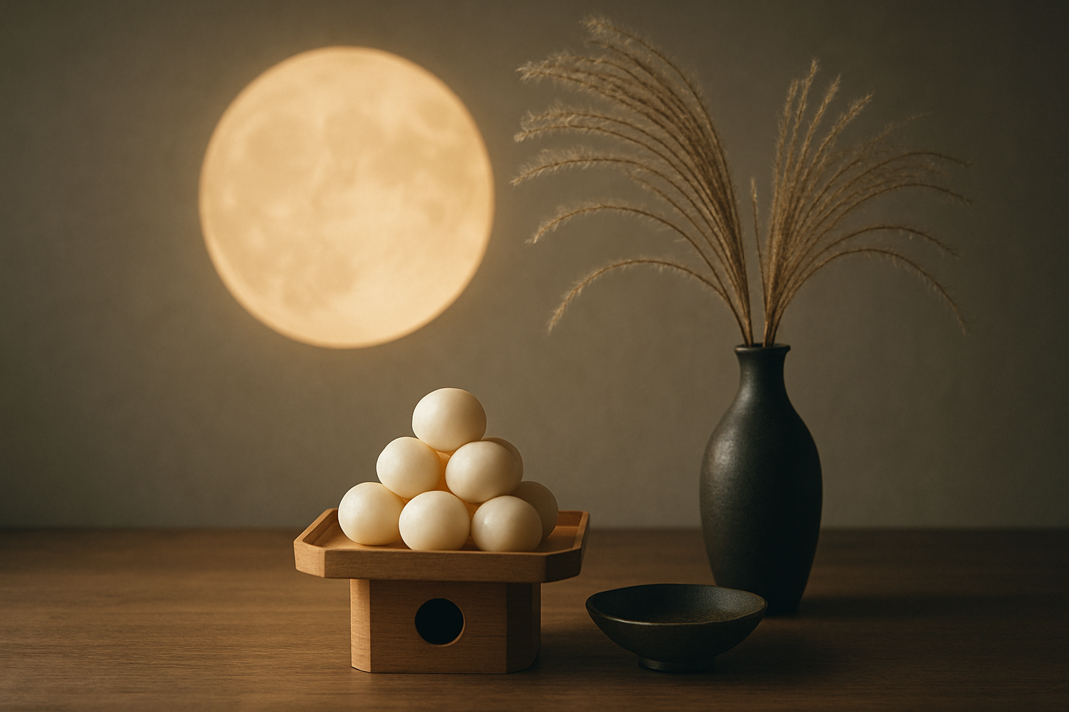 月見団子とすすきを供えたお月見の情景。上品で落ち着いた写真風
