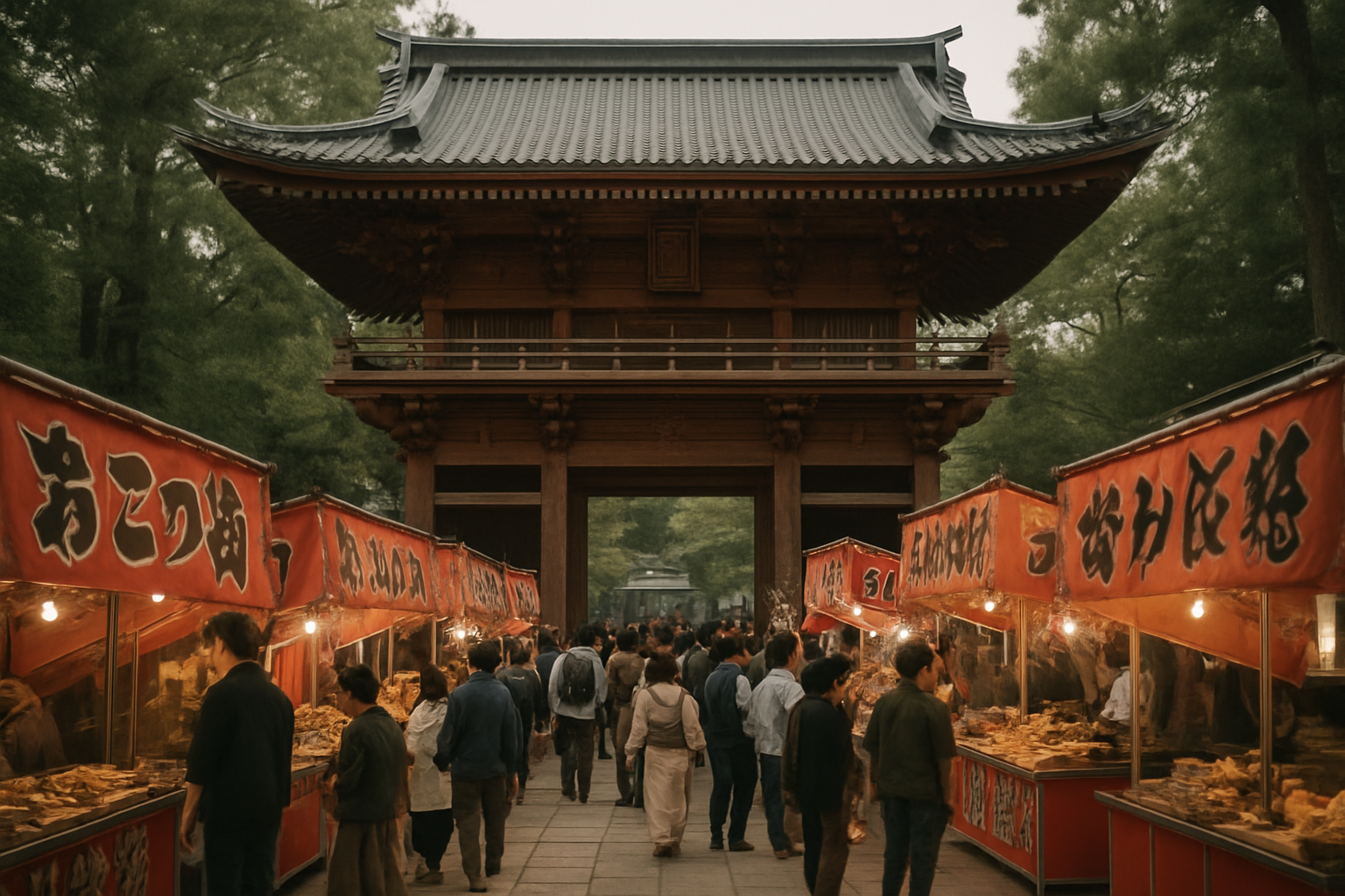 松原八幡神社の楼門前で屋台が練り合う様子(写真風・上品なトーン)