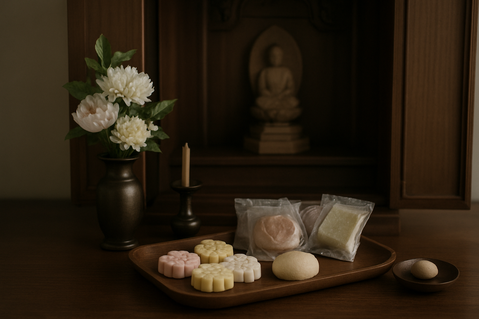 お盆のお供え菓子（落雁や個包装の和菓子）が仏壇に並ぶイメージ