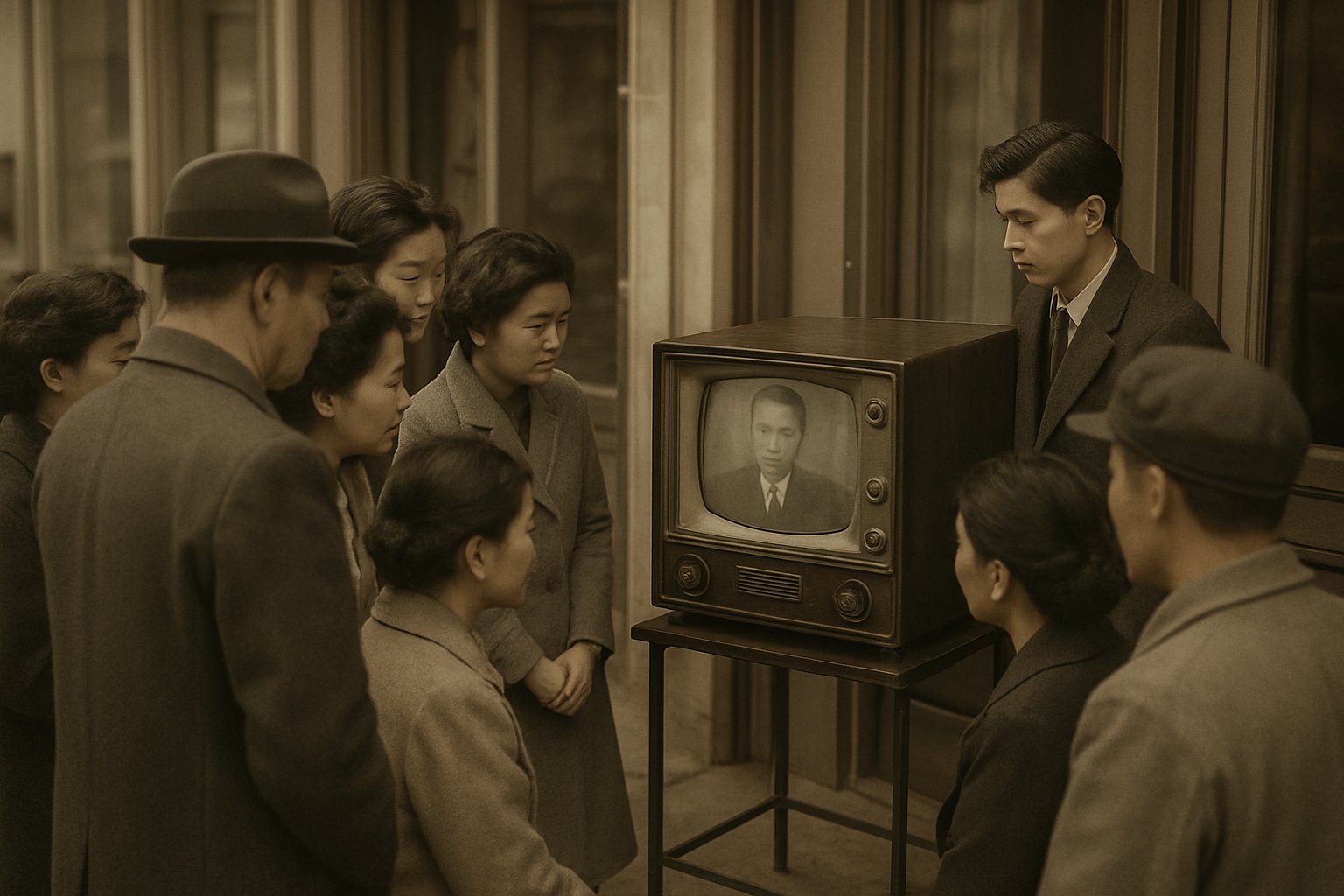 昭和30年代の街頭テレビに人々が群がっている雰囲気のレトロなイメージ