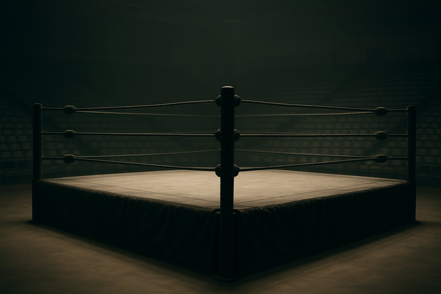 誰もいないプロレスのリングを客席側から見上げた構図