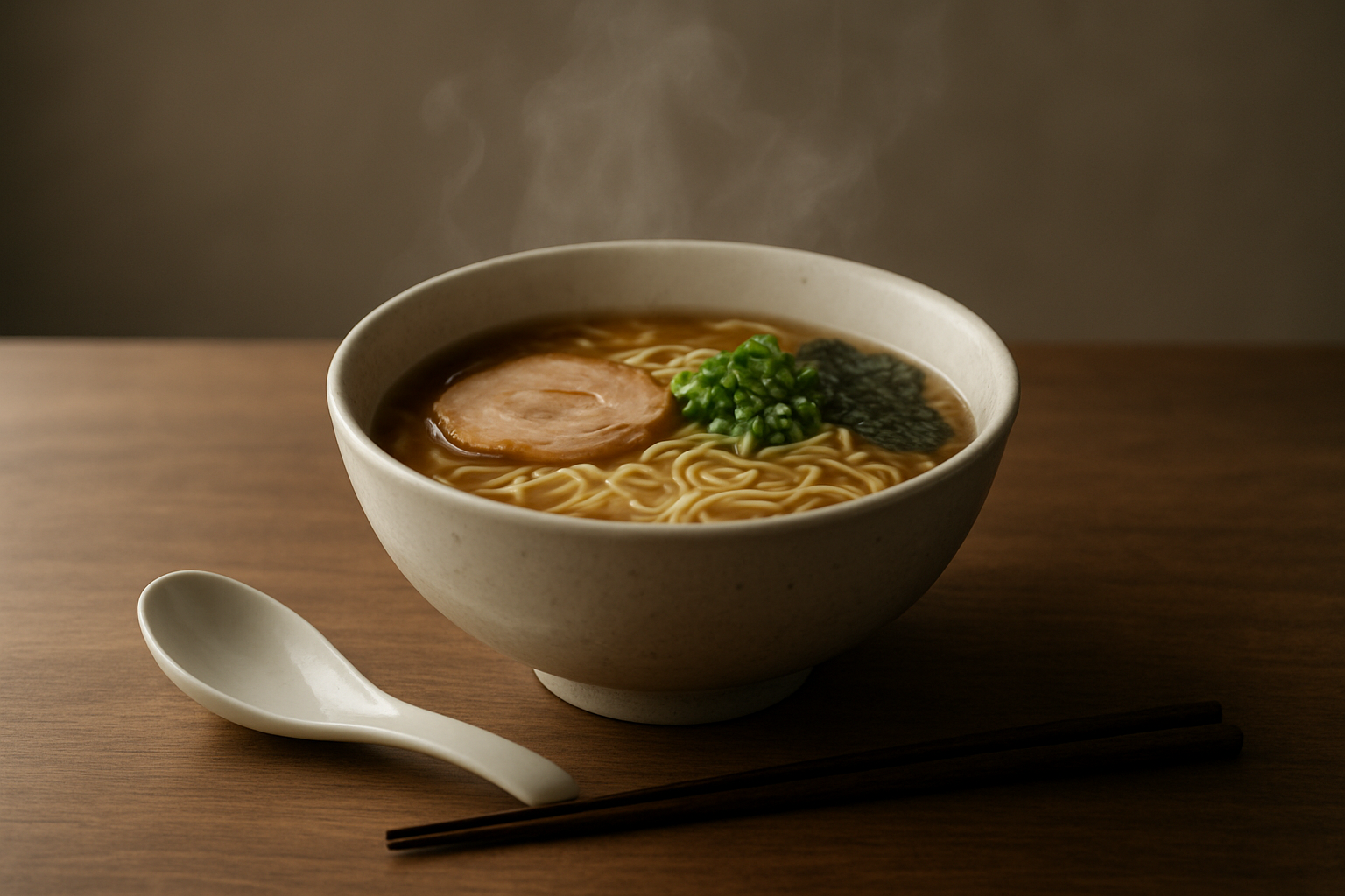 湯気の立つラーメンの丼とレンゲ・箸を並べたイメージ