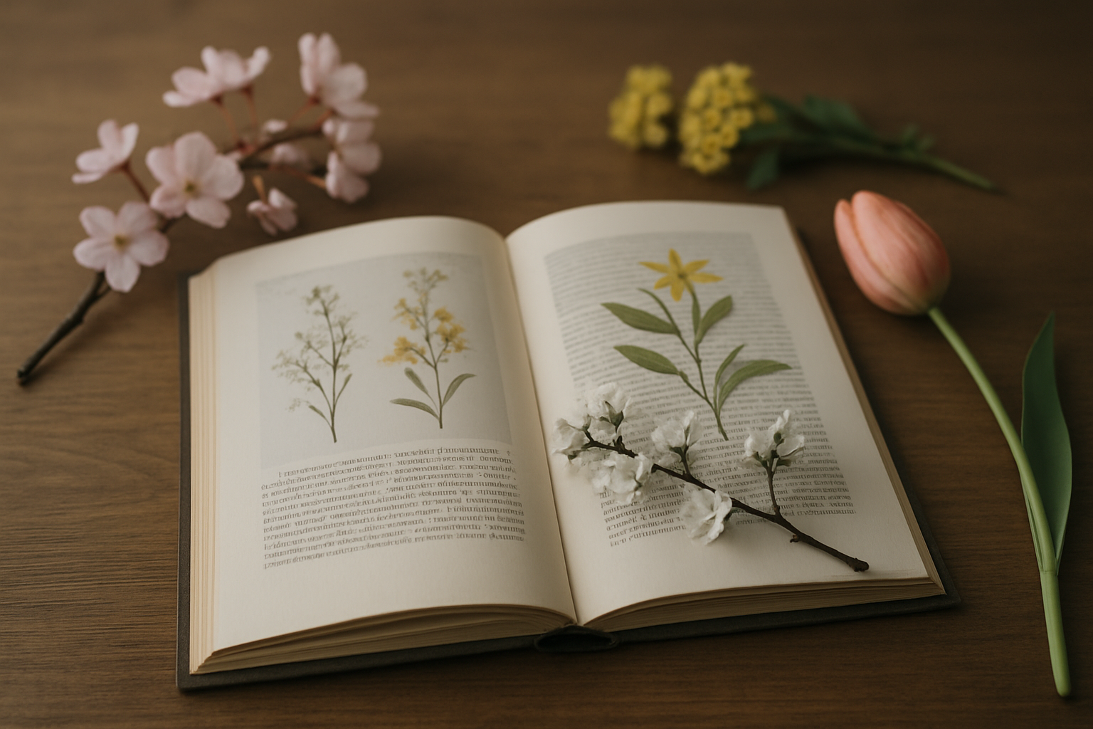 机の上に開かれた歳時記の本と季節の草花のイメージ写真（落ち着いた上品なトーン）