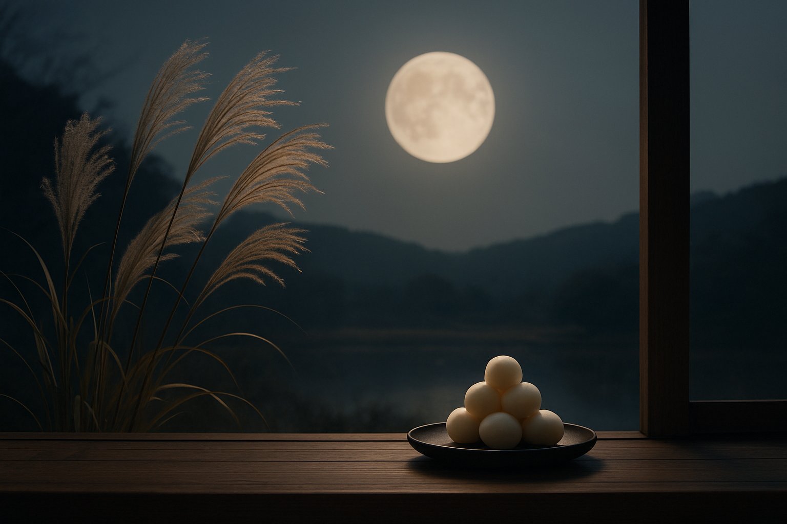 すすきと月見団子を供えた縁側から満月を望む秋の夜の情景