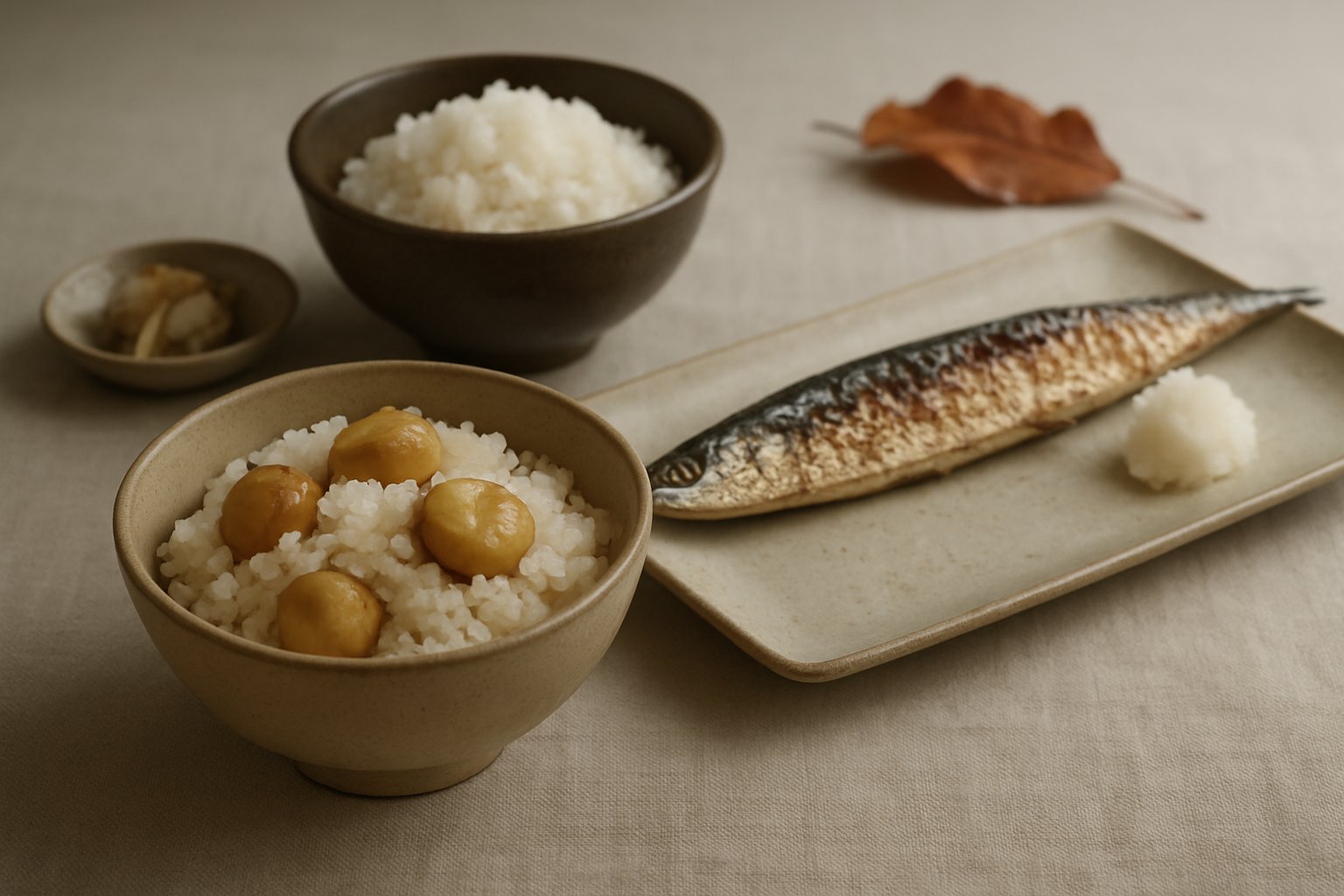 栗ご飯・さんまの塩焼き・新米が並ぶ秋の食卓