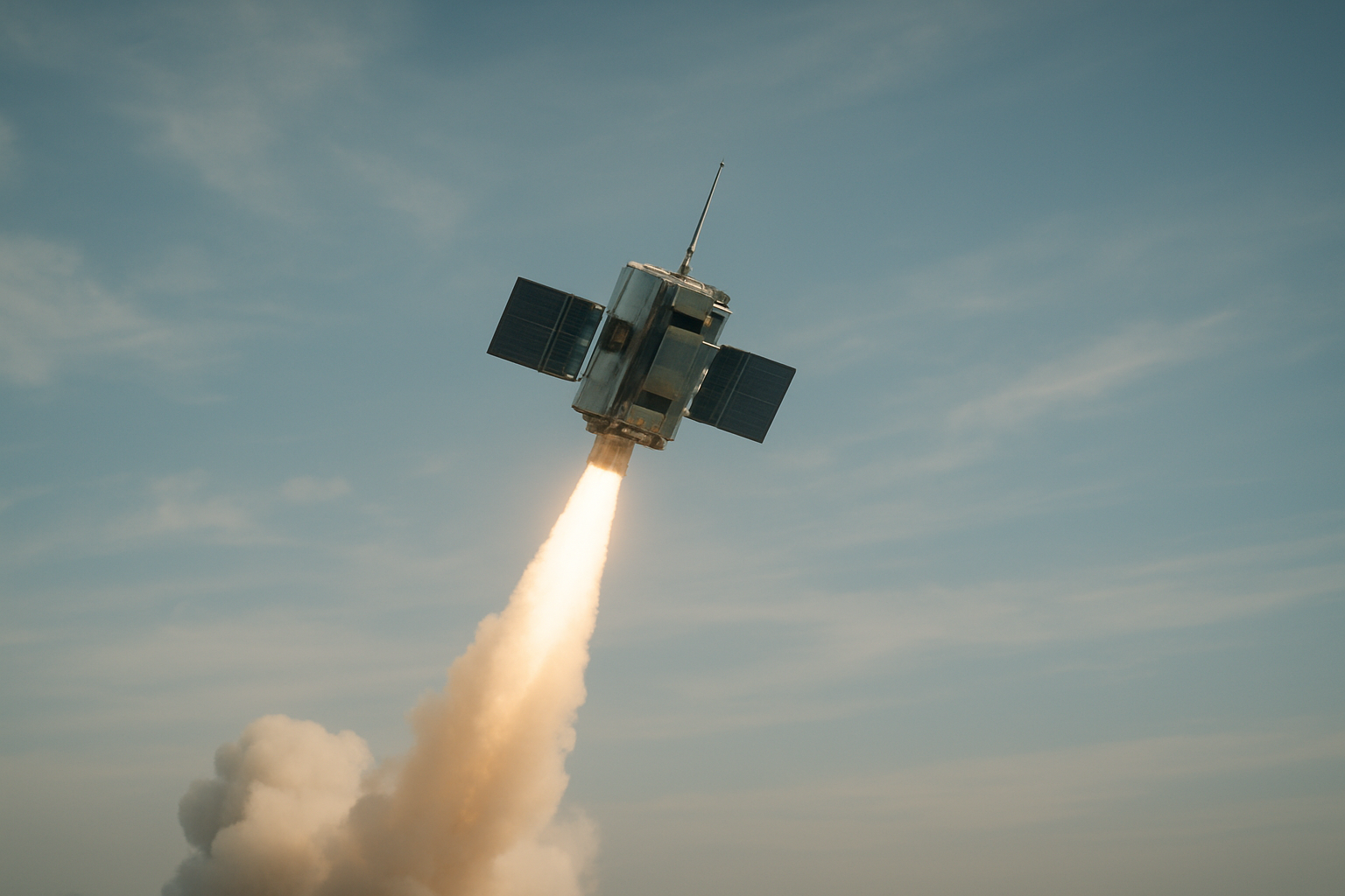 青空と打ち上げられる気象衛星のイメージ