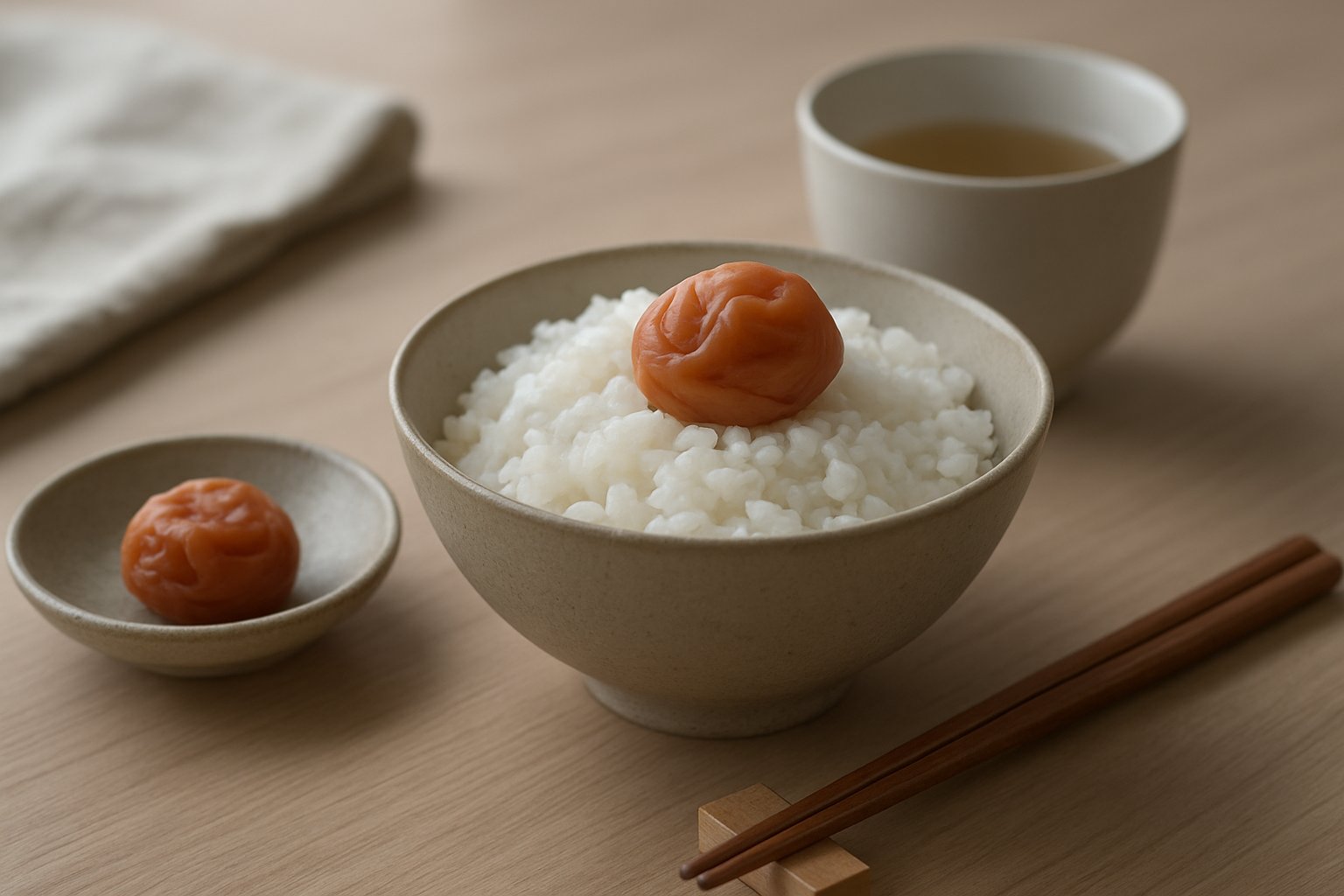 朝食の食卓に置かれた梅干しと白ごはんのイメージ
