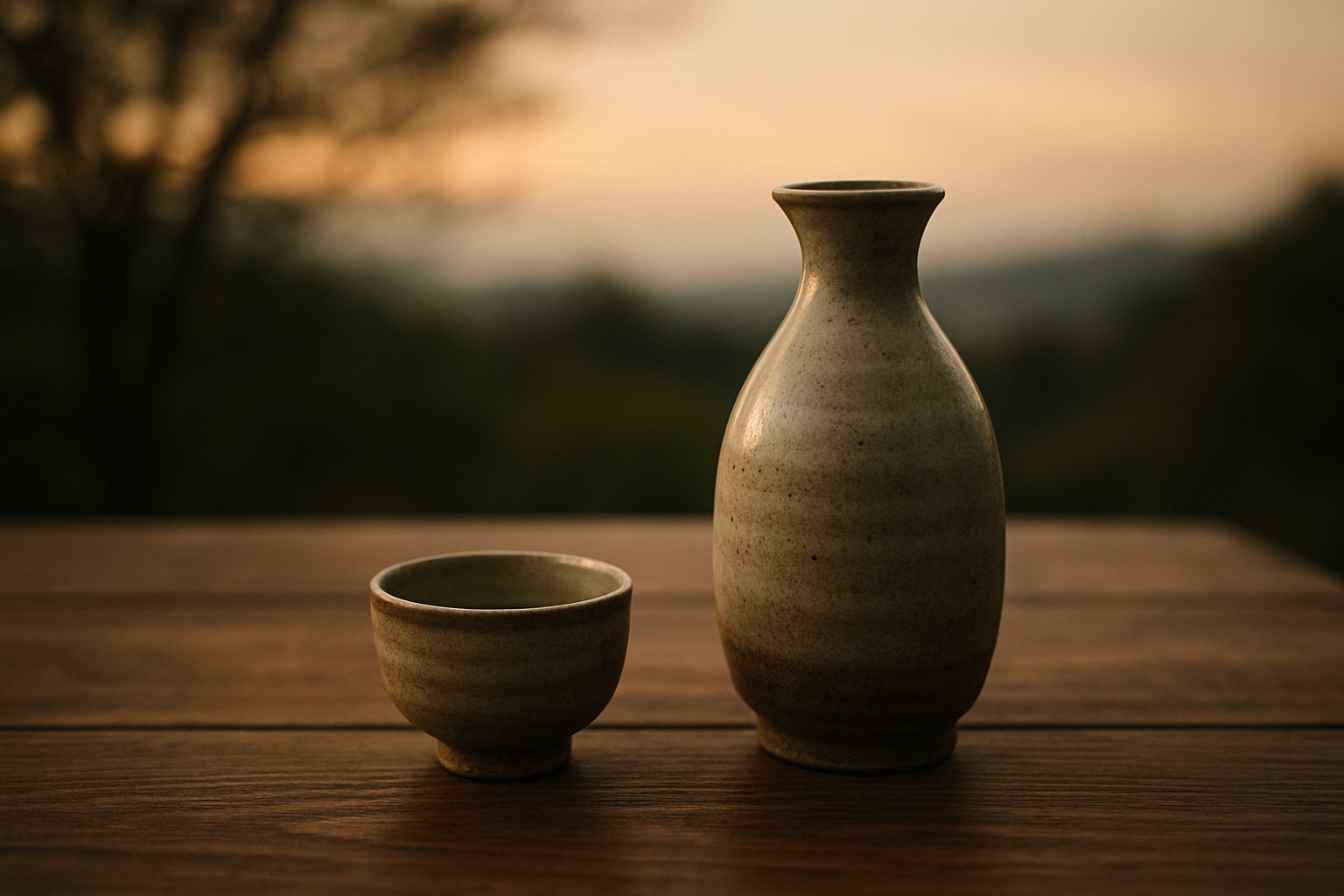 夏の終わりの夕暮れに、木のテーブルへ置かれた徳利とぐい呑みを落ち着いた色調で捉えた写真風イメージ