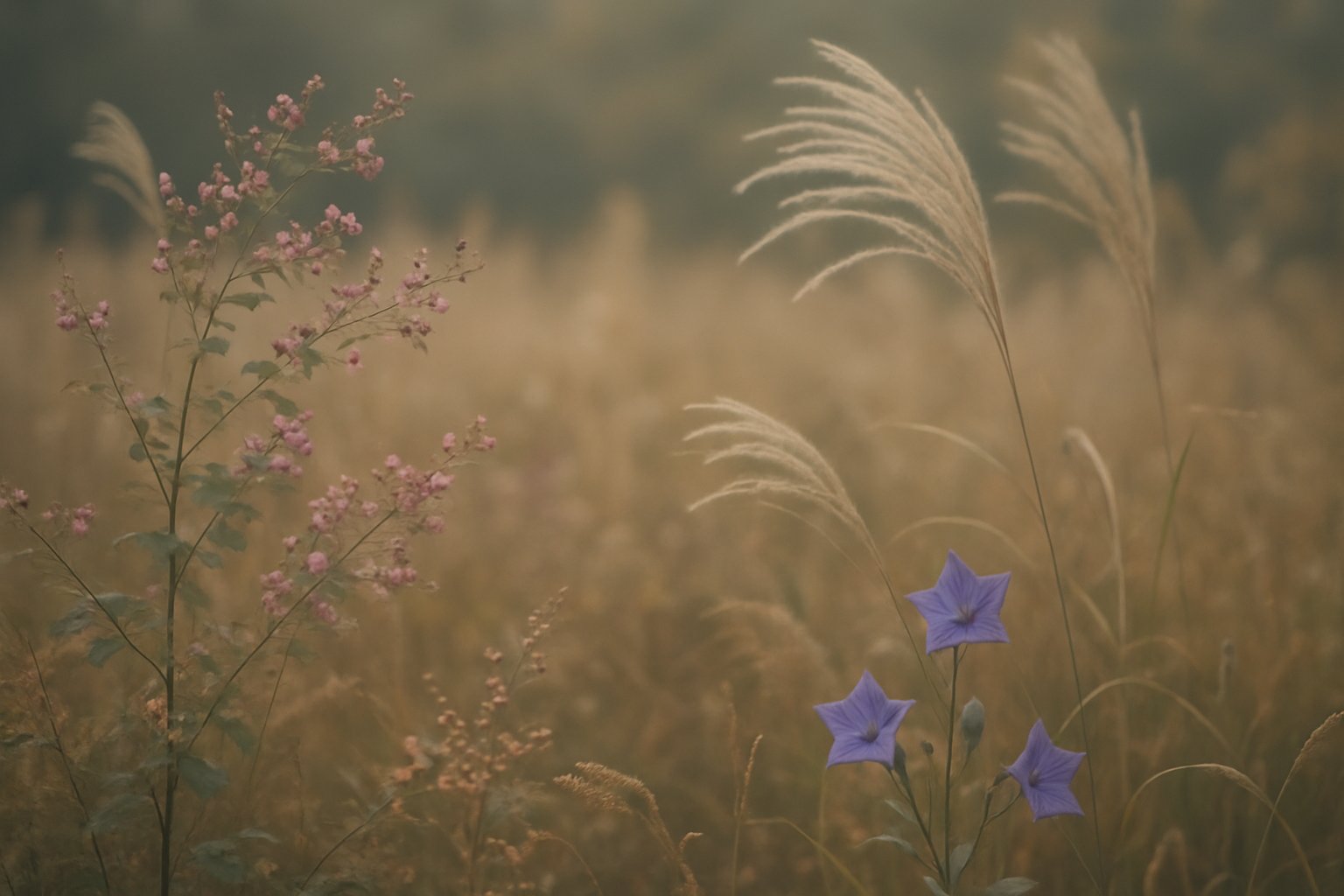 秋の野に咲く萩・ススキ・桔梗などの草花を落ち着いた色調で捉えた写真風イメージ