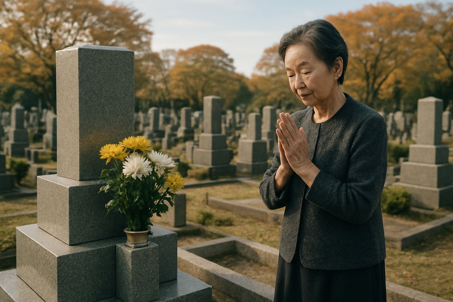 秋晴れの霊園で、掃除を終えた墓石に菊の花を供えて手を合わせる落ち着いた情景