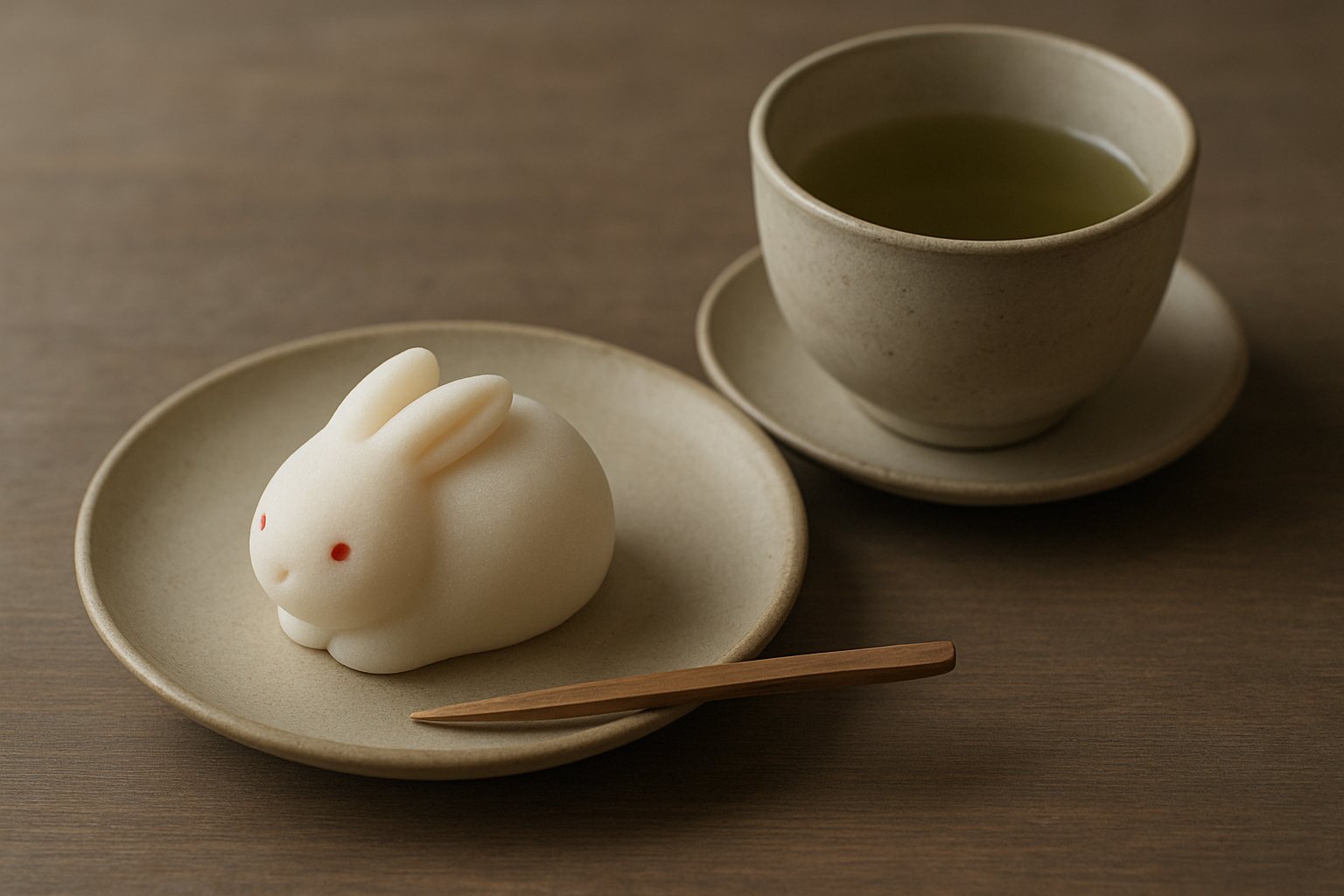 うさぎをかたどった和菓子とお茶を並べた、落ち着いた色調のテーブルの一枚