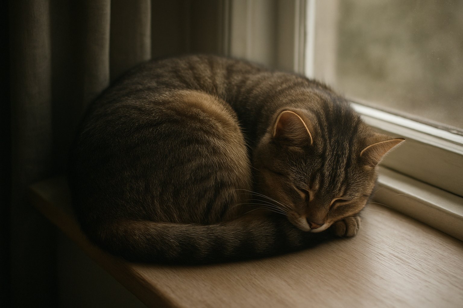 窓辺で丸くなっている猫を斜め上から写した、落ち着いた光の写真