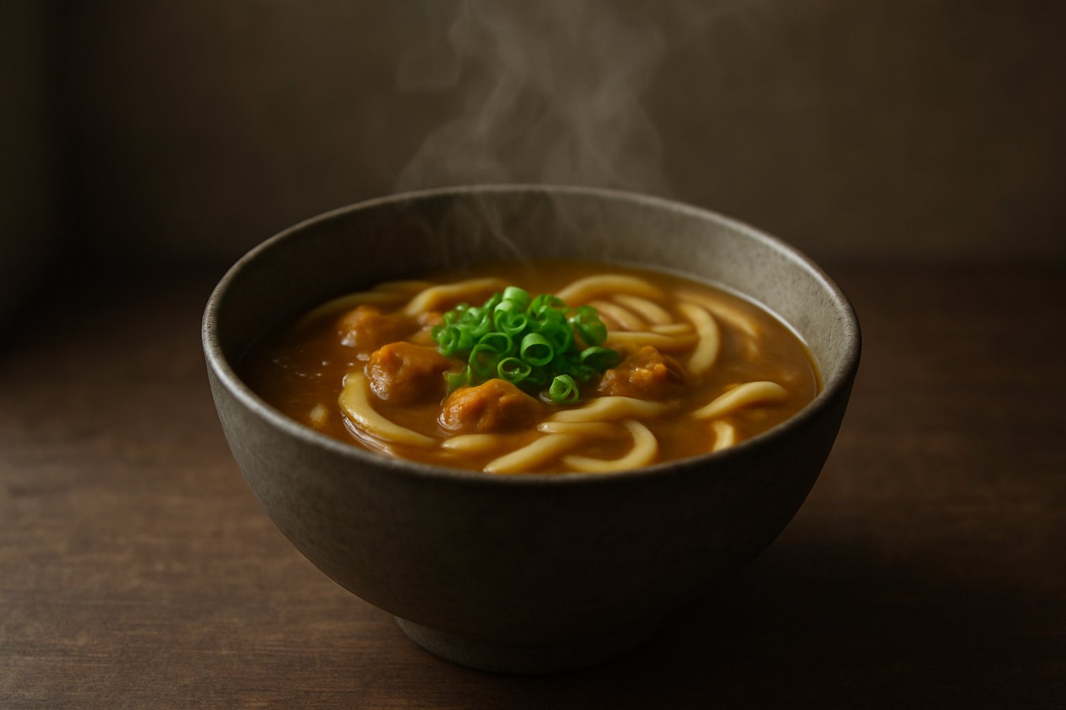 湯気の立つカレーうどんを丼で撮った落ち着いた雰囲気の一枚