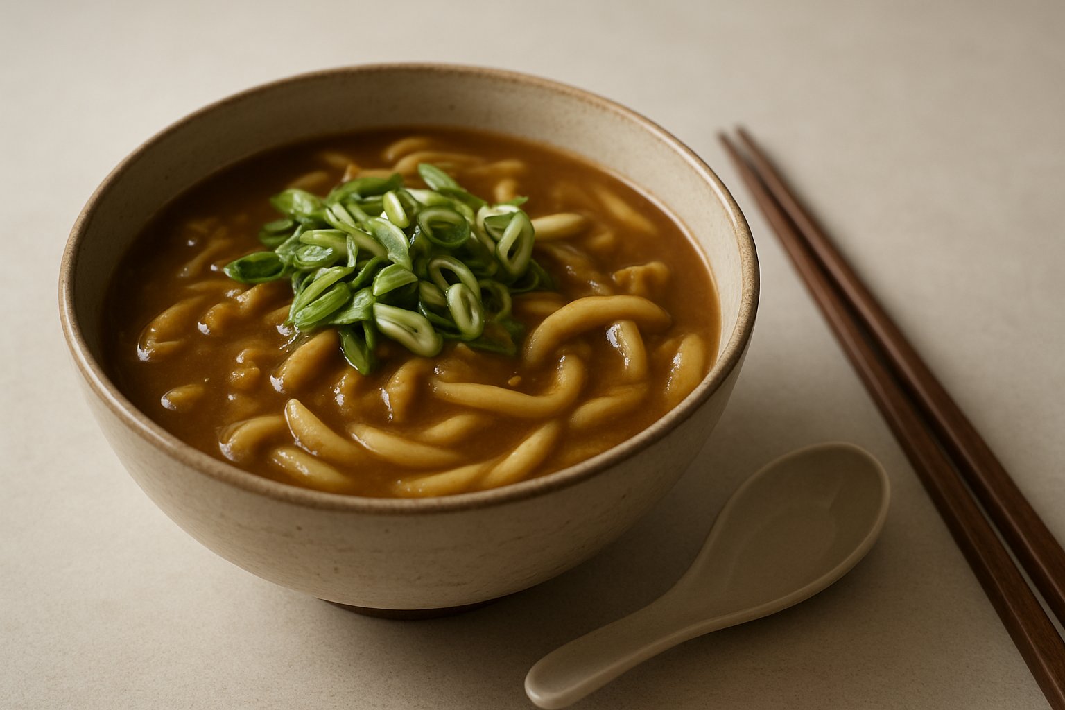 長ネギを散らした和風カレーうどんと、傍らに置かれた箸とレンゲ
