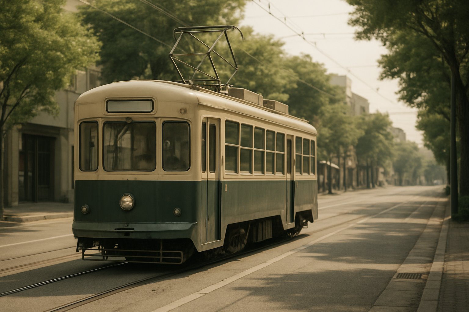 夏の街角を走る一両編成の路面電車を、落ち着いた色調で上品に捉えた写真風イメージ