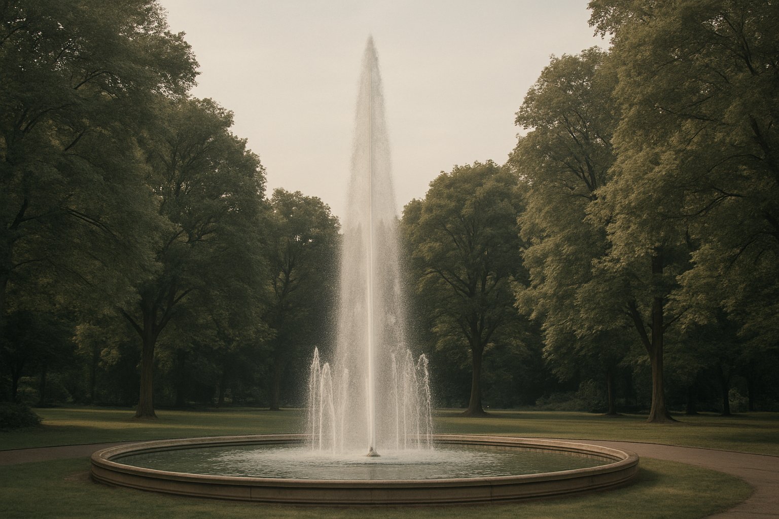 夏の公園で水を高く噴き上げる噴水と木立を、落ち着いた色調で上品に捉えた写真風イメージ