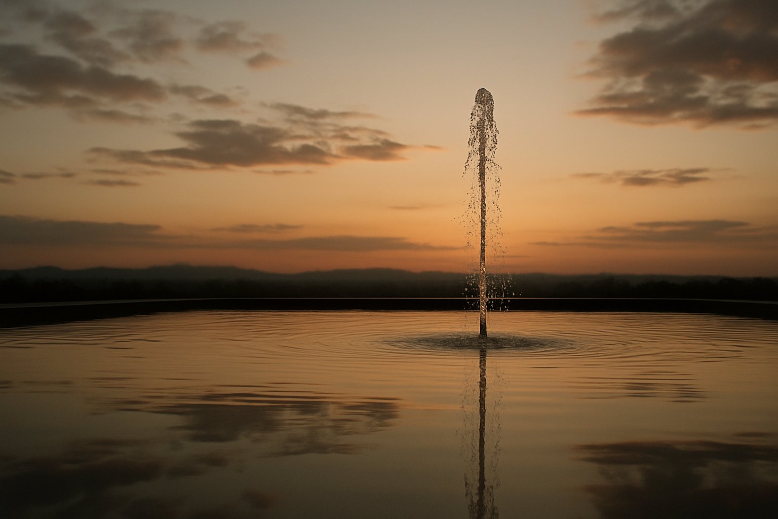 夕暮れの水盤に映る空と、細く立ち上がる水柱を静かに捉えた写真風イメージ