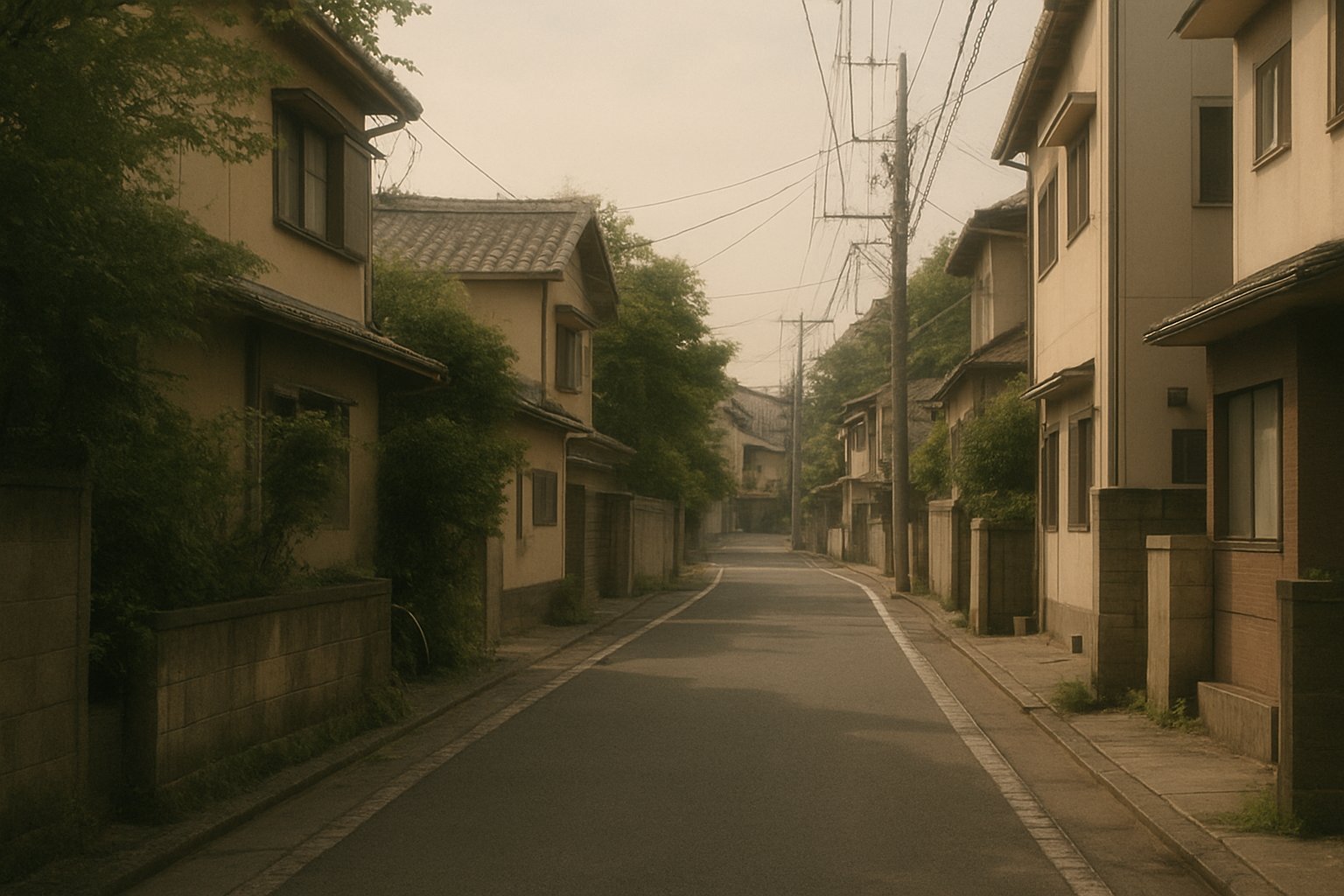 夏の終わりの街並みと路地を落ち着いた色調で捉えた写真風イメージ