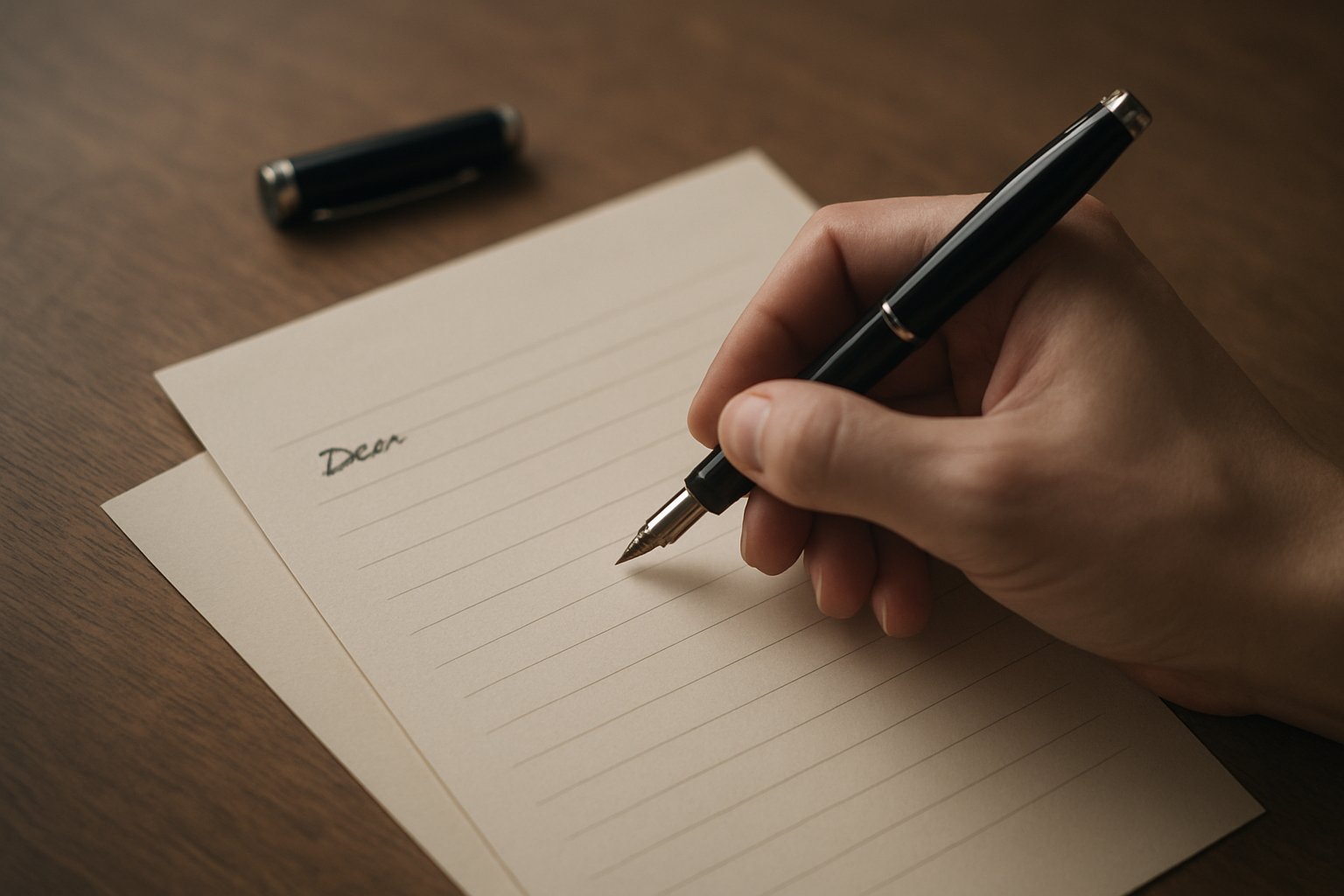便箋とペンが机に置かれ、短い手紙を書きかけている手元の、落ち着いた色調のイメージ写真