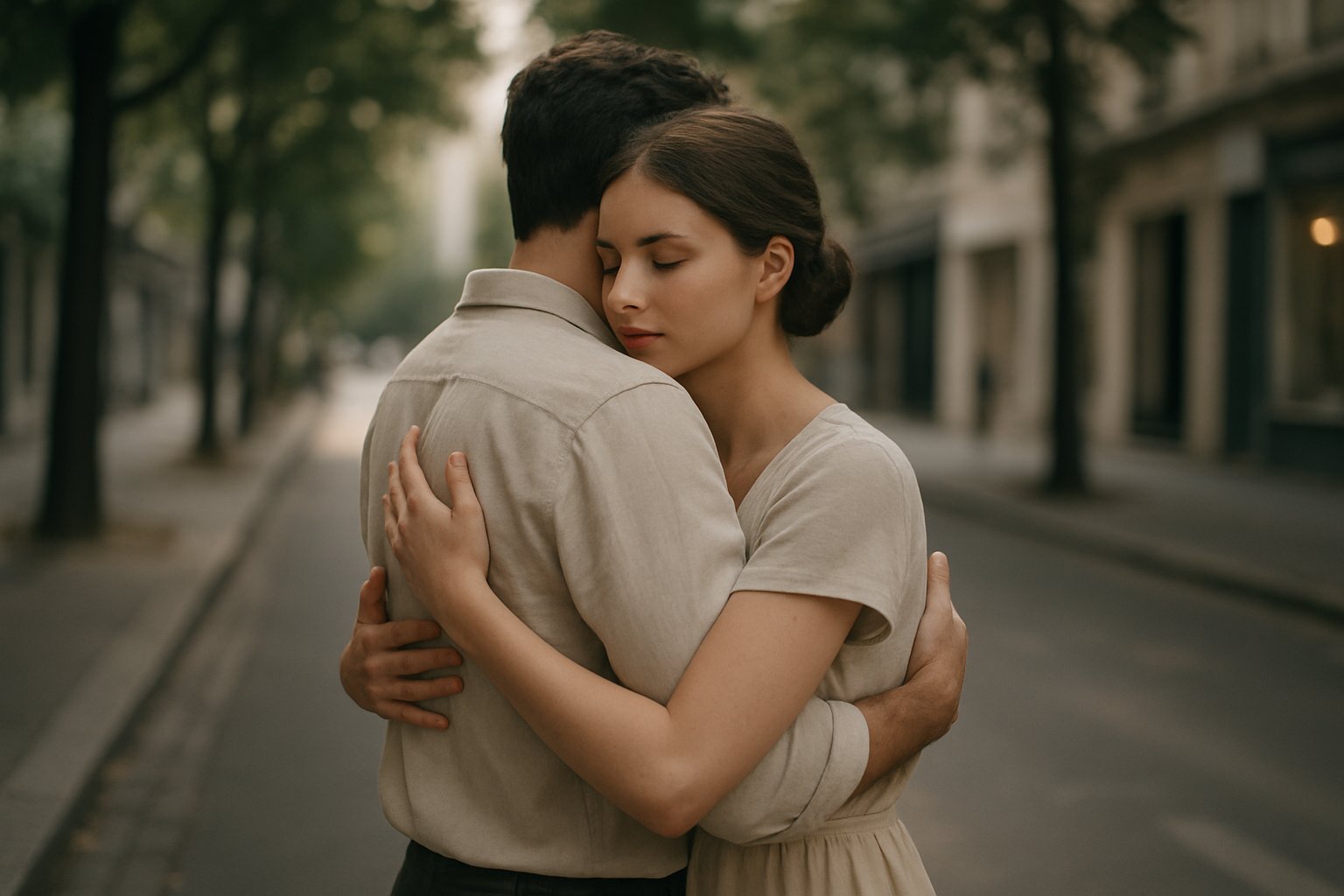 夏の街角で人と人がそっと抱き合っている、落ち着いた色調のイメージ写真