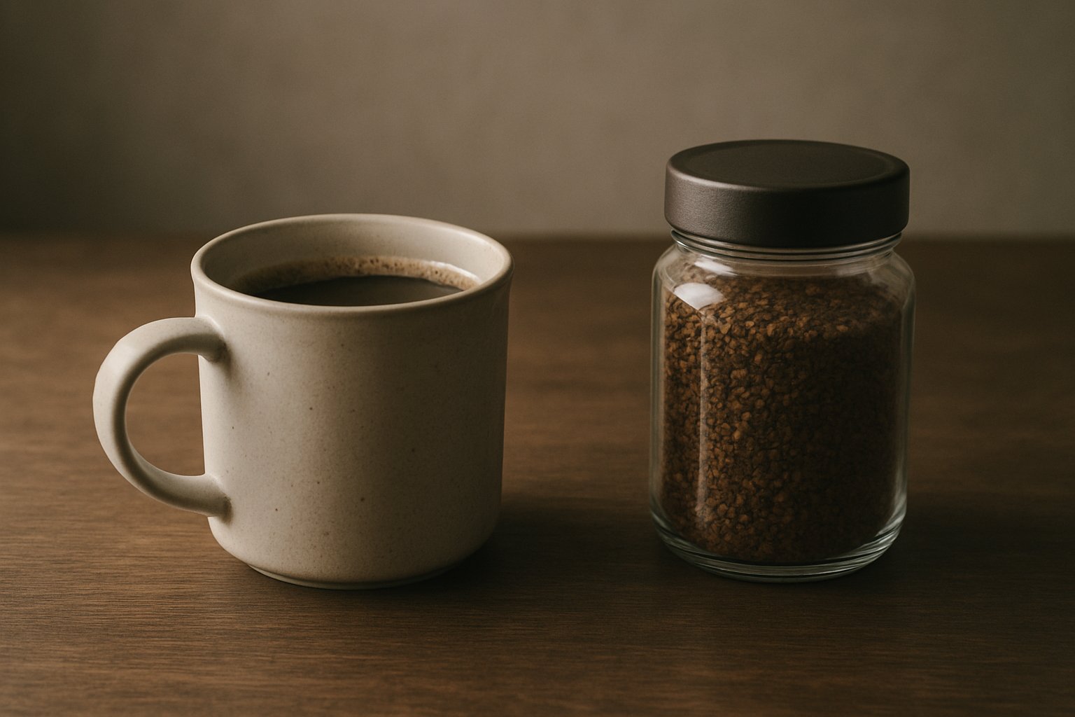 湯を注いだマグカップと瓶入りインスタントコーヒーが並ぶ、落ち着いたトーンのテーブルの風景
