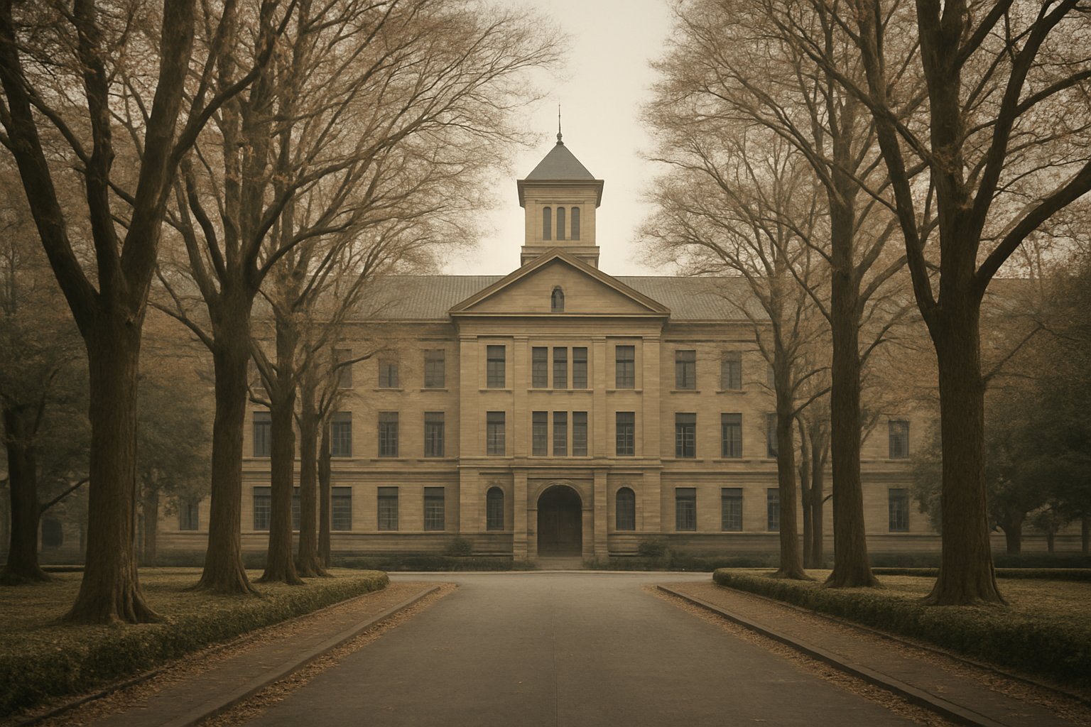大正期の大学の校舎と並木道を、落ち着いた色調で上品に捉えた写真風イメージ
