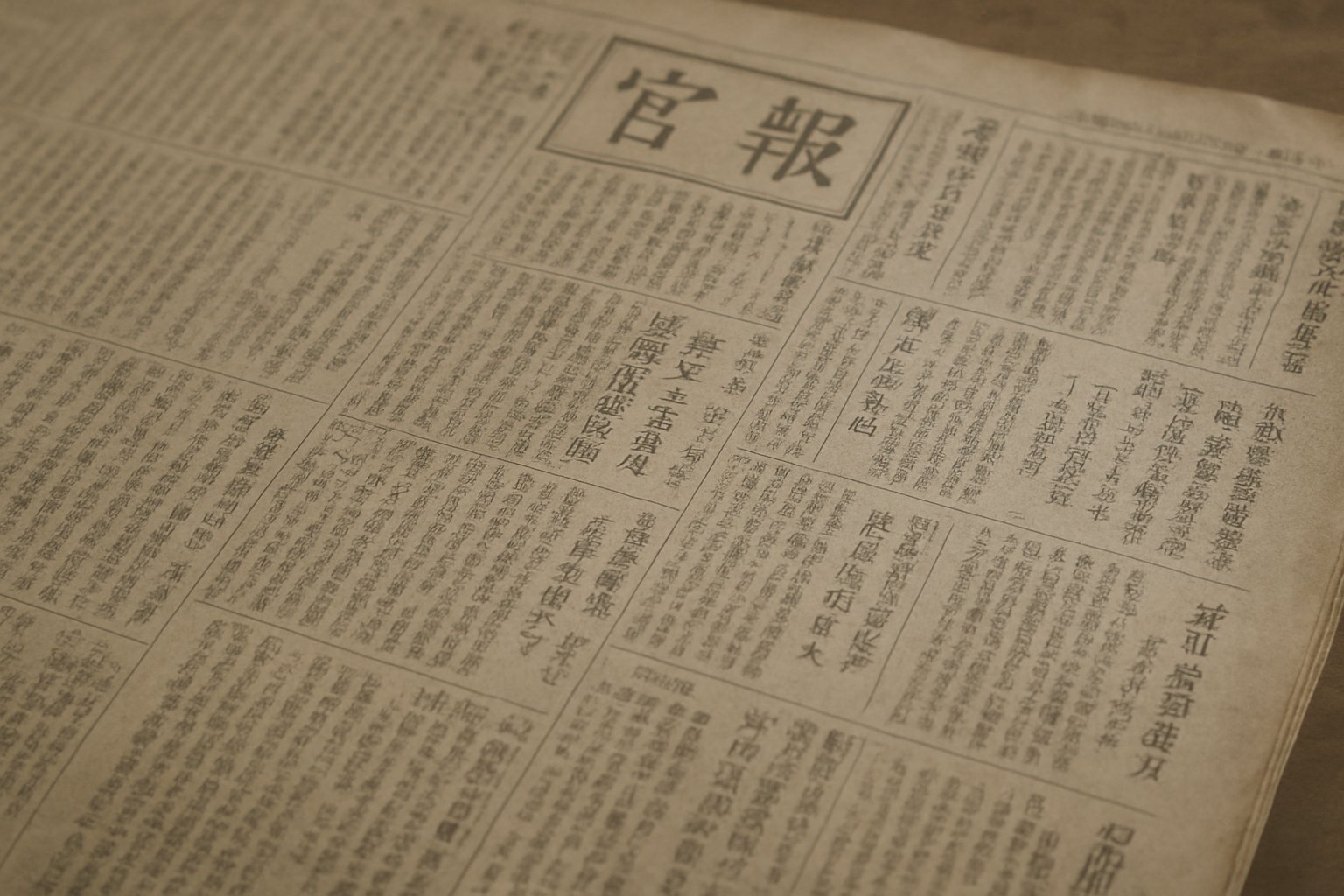 古い官報や大正期の新聞を思わせる紙面を、落ち着いた色調で静かに捉えた写真風イメージ