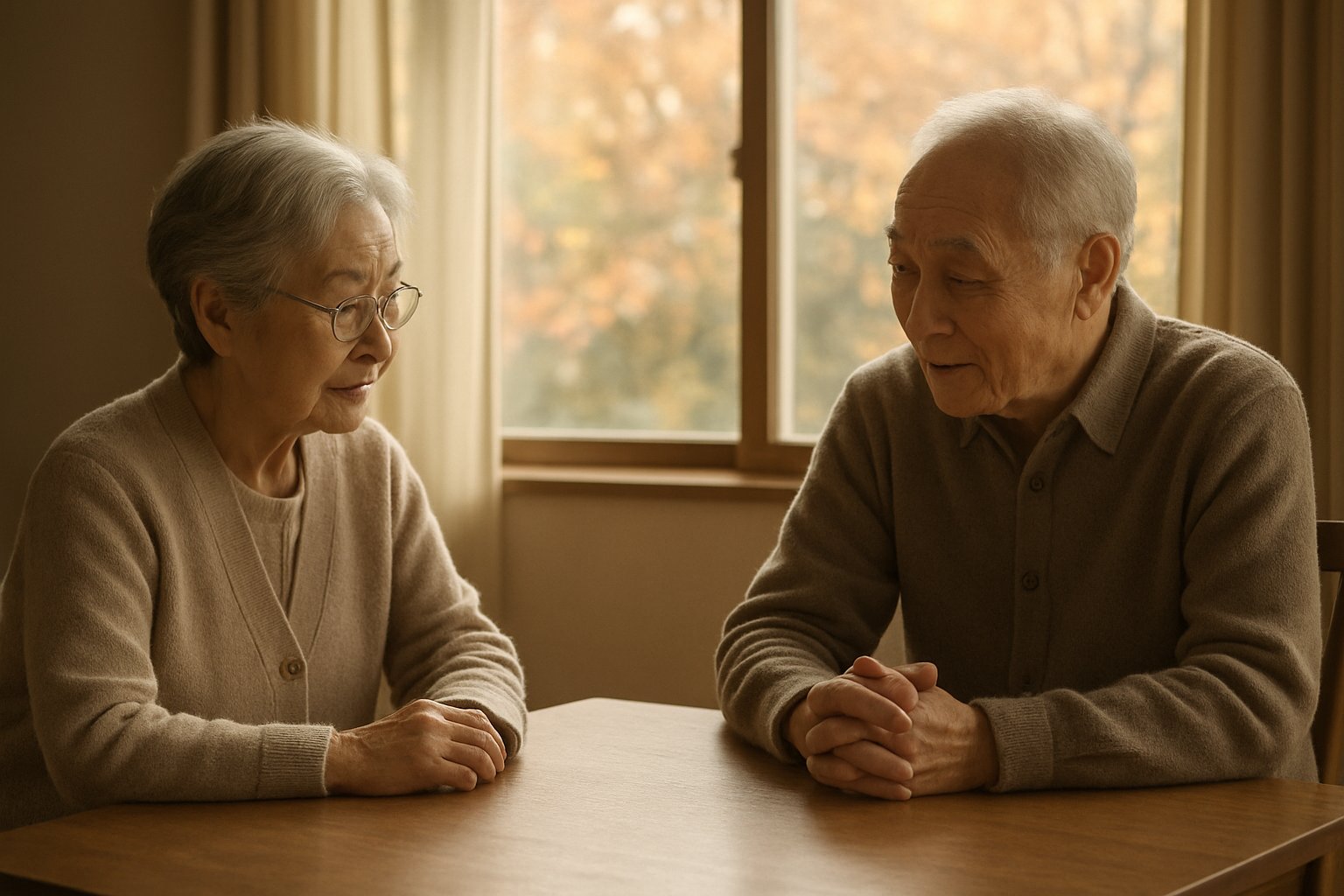 秋の光が差し込む室内で祖父母と孫が向かい合っている穏やかな場面のイメージ