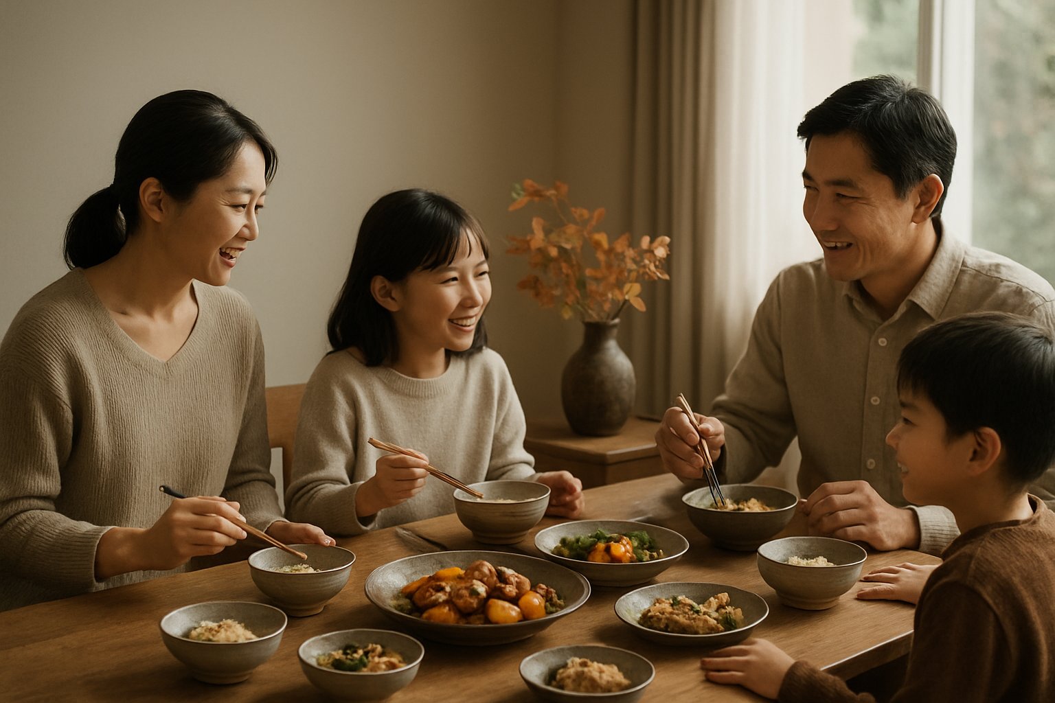 秋の食卓を家族で囲んでいる和やかな場面のイメージ