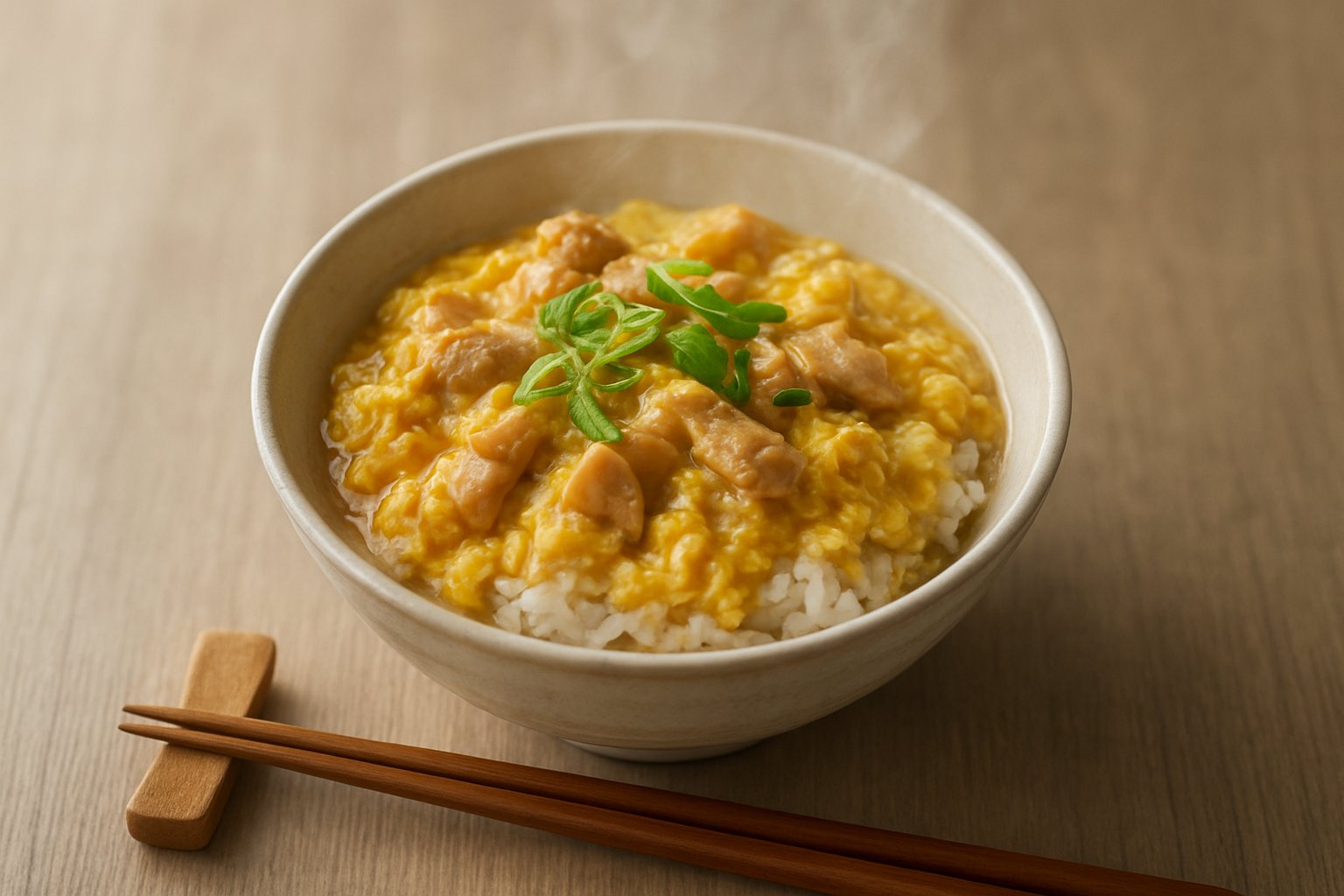 湯気の立つ親子丼を上から写した、明るく落ち着いた雰囲気の写真