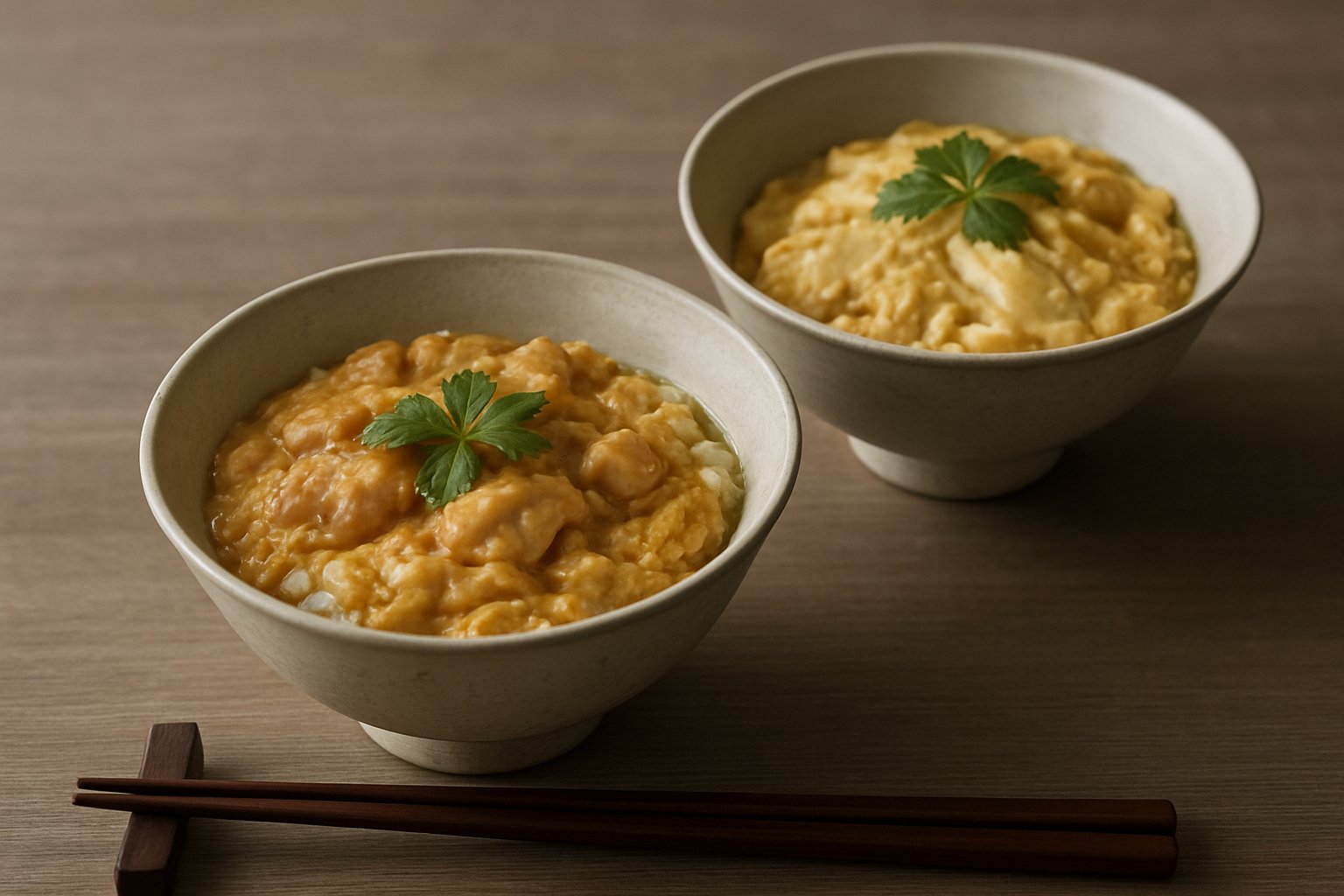 だしの色が異なる二種類の親子丼を並べた、上品で落ち着いた雰囲気の写真