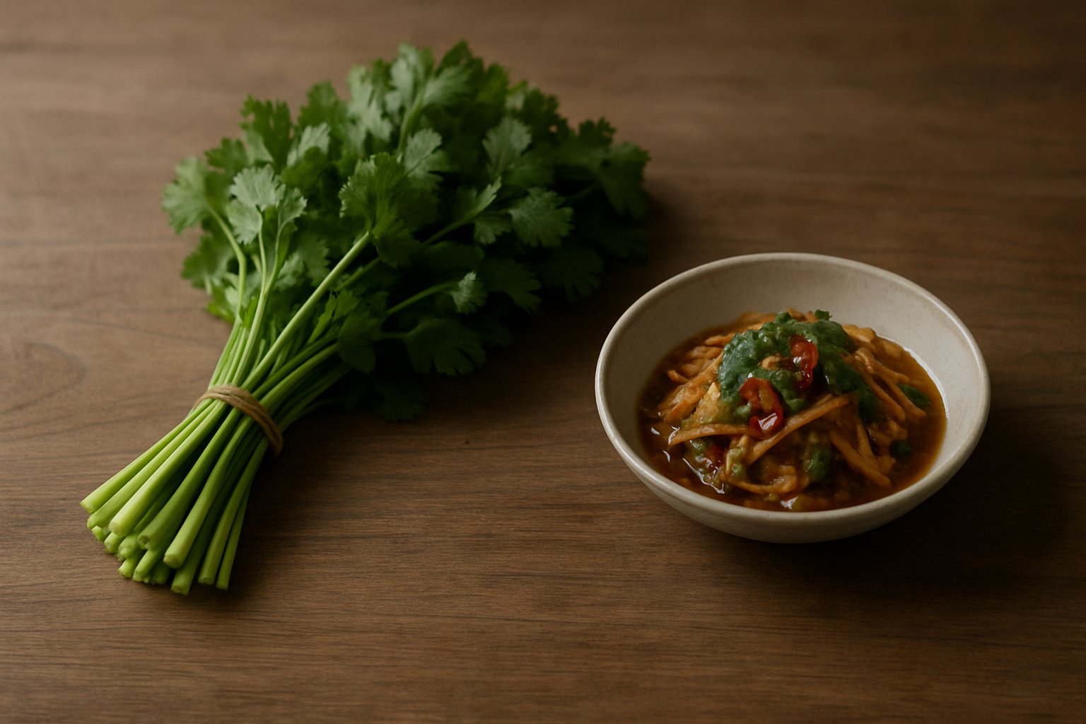 木のテーブルに置かれた束のパクチーと小皿のエスニック料理。落ち着いた自然光の静物写真
