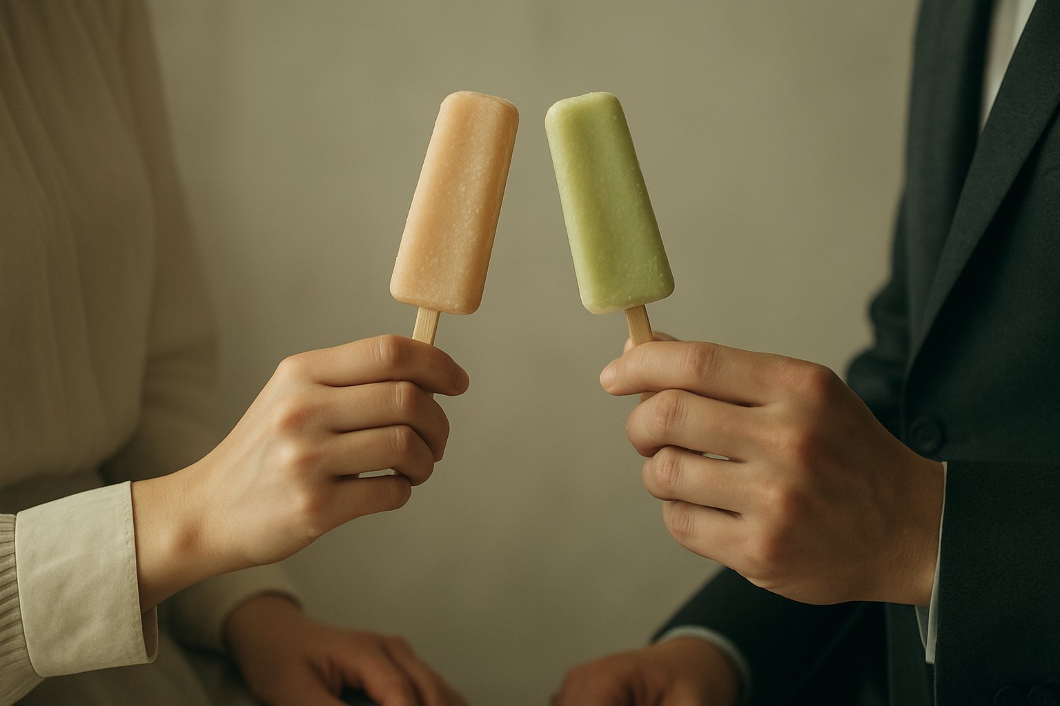 2人の手がそれぞれ1本ずつチューブアイスを持ち、分け合う瞬間を切り取った上品なイメージ