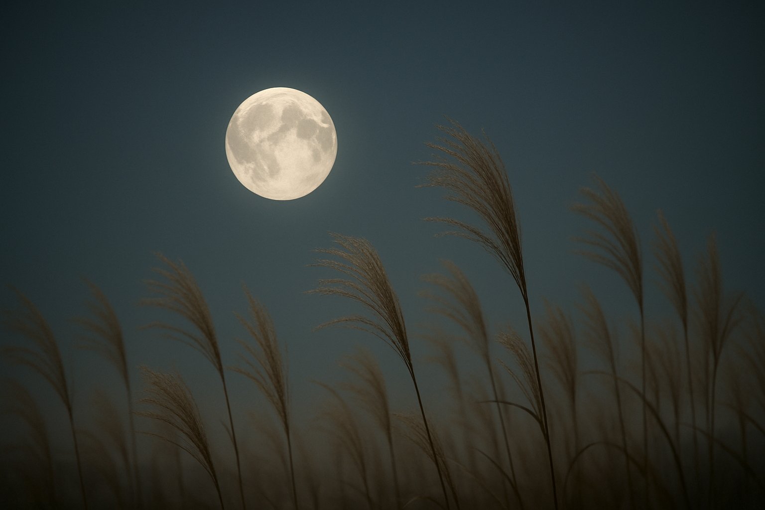澄んだ夜空に浮かぶ満月と、手前にすすきの穂が揺れる静かな情景