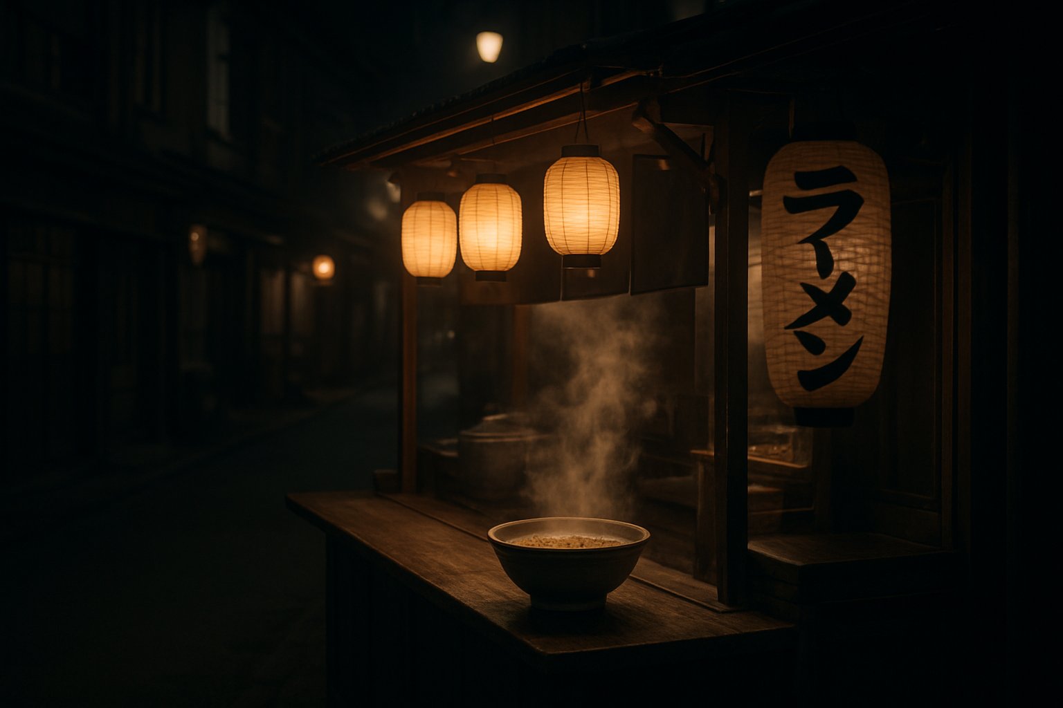 夜の屋台に灯がともり、湯気の立つどんぶりが置かれた昭和の街角を、落ち着いた色調で捉えた写真風イメージ