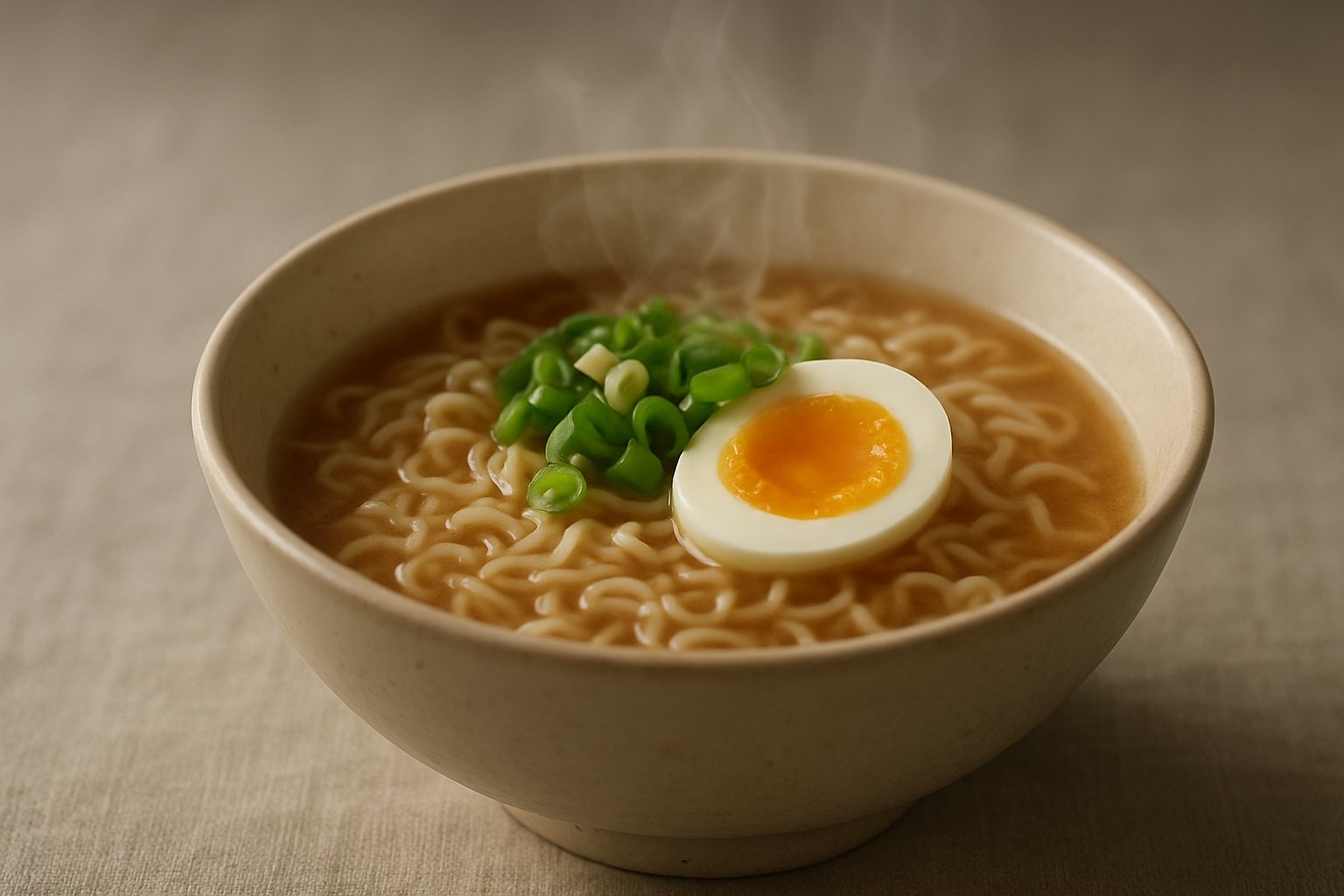 どんぶりに盛った即席ラーメンに半熟卵とねぎがのり、湯気が立つ様子を上品な色調で捉えた写真風イメージ