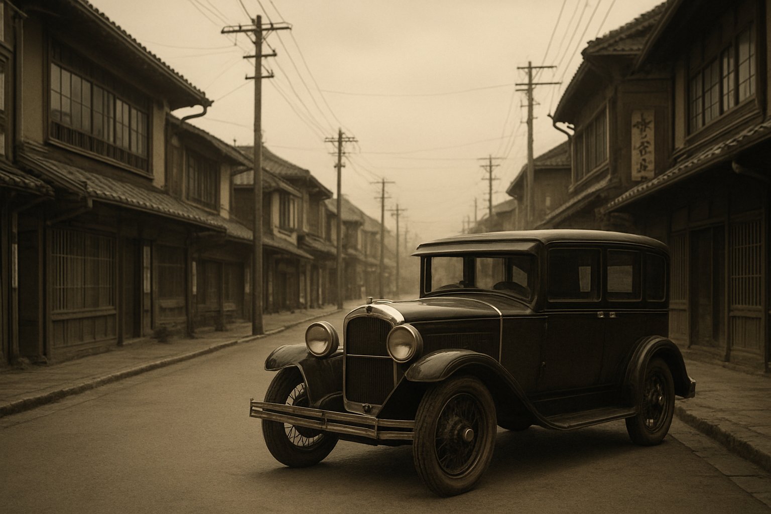 大正時代を思わせるレトロな車と街並みを落ち着いた色調で描いた一枚