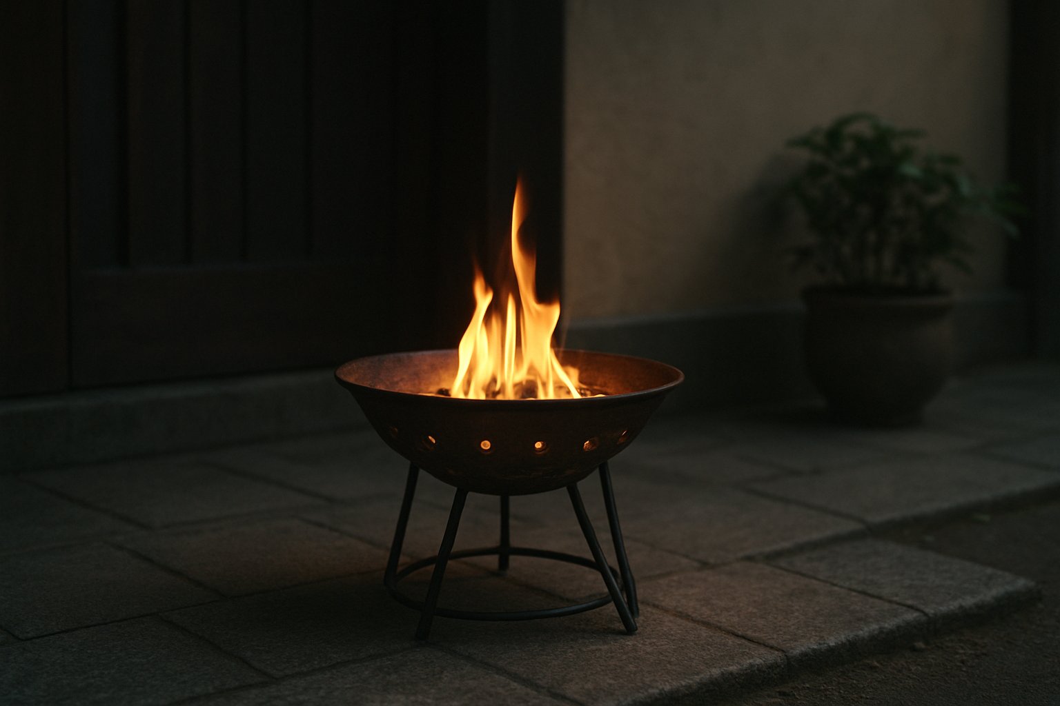夕方の玄関先で焙烙に灯した迎え火の写真風イメージ